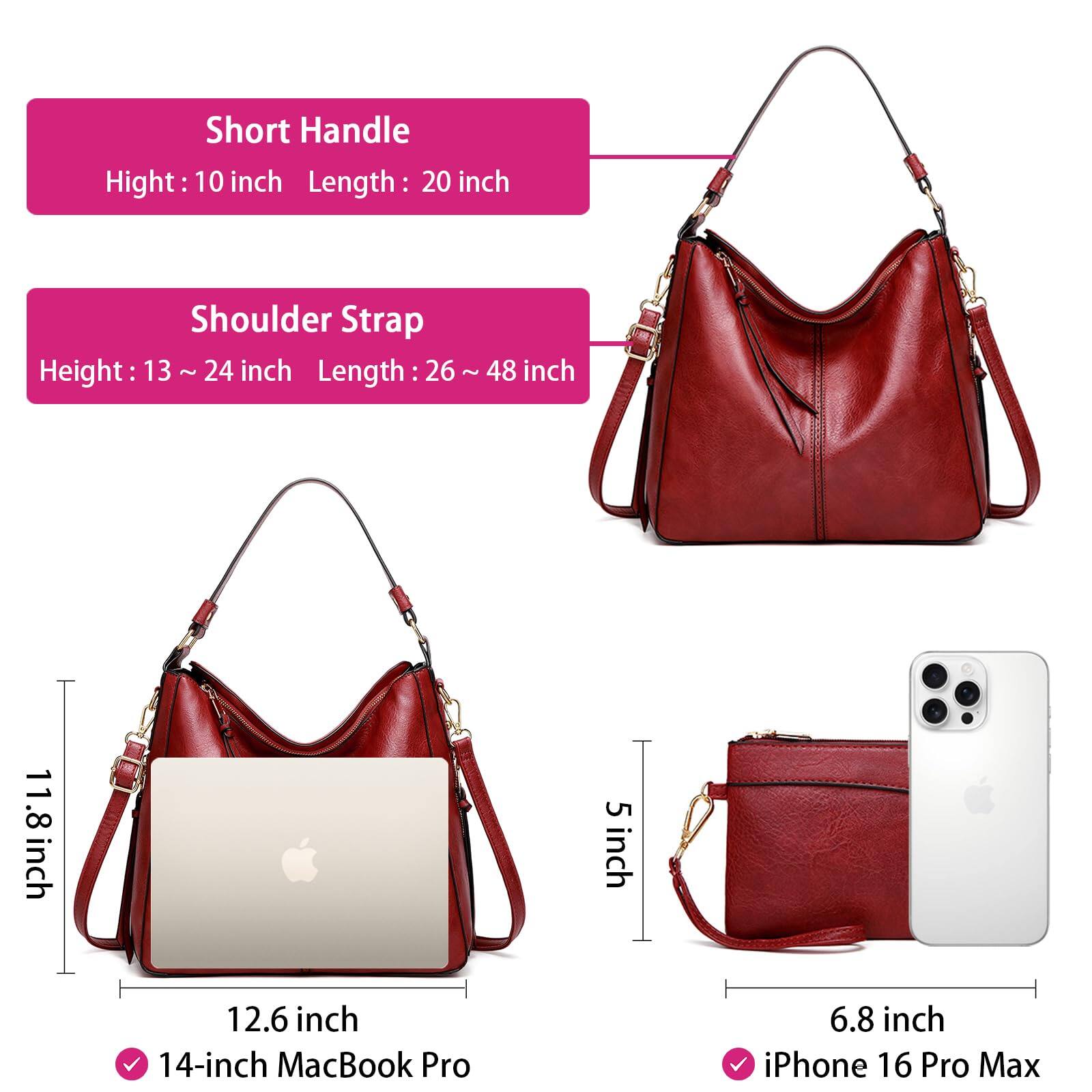 Short Handle  
Height: 10 inch  
Length: 20 inch  

Shoulder Strap  
Height: 13 ~ 24 inch  
Length: 26 ~ 48 inch  

11.8 inch  
12.6 inch  
14-inch MacBook Pro  

5 inch  
6.8 inch  
iPhone 16 Pro Max