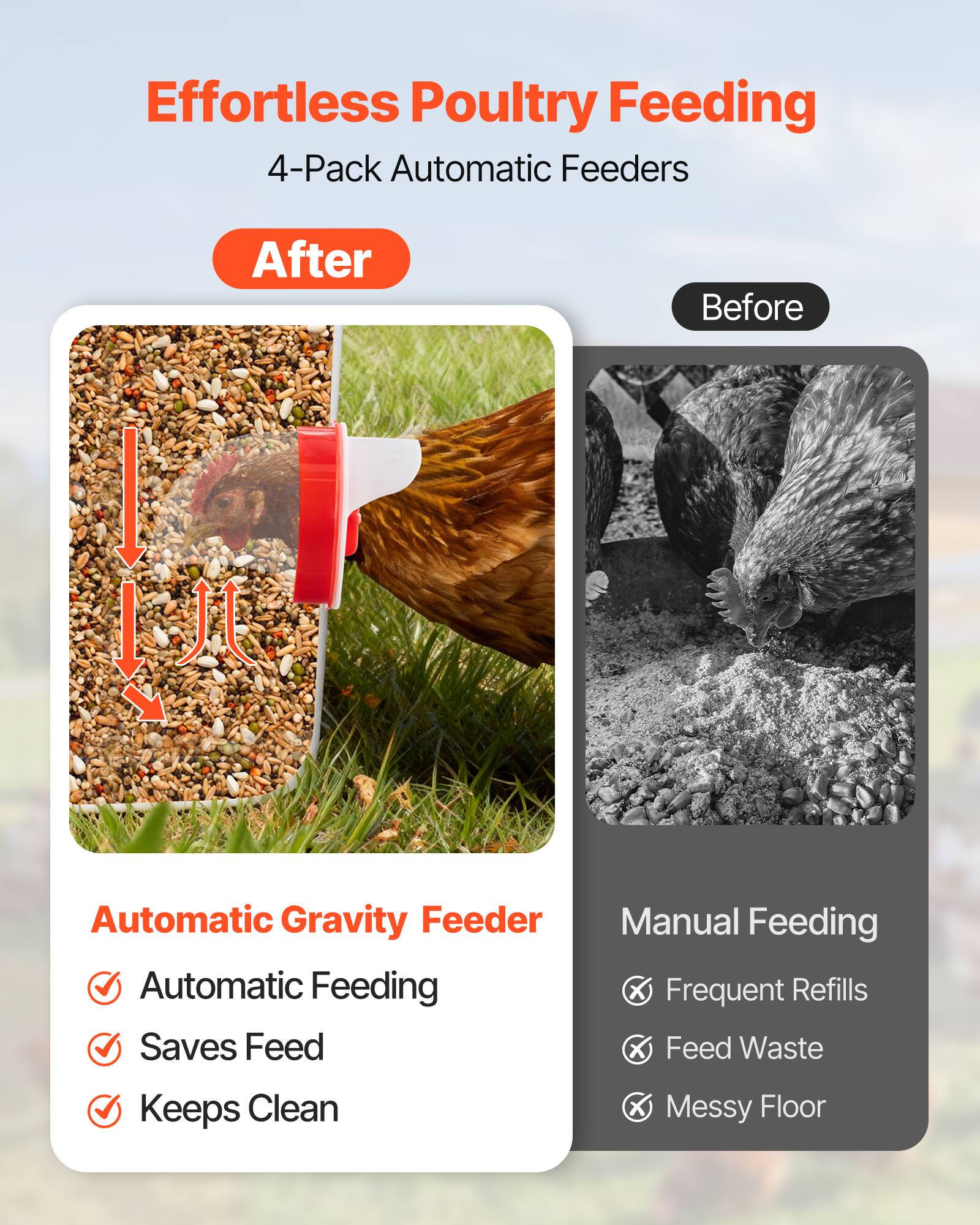 Effortless Poultry Feeding  
4-Pack Automatic Feeders  

After  
Automatic Gravity Feeder  
✔ Automatic Feeding  
✔ Saves Feed  
✔ Keeps Clean  

Before  
Manual Feeding  
❌ Frequent Refills  
❌ Feed Waste  
❌ Messy Floor
