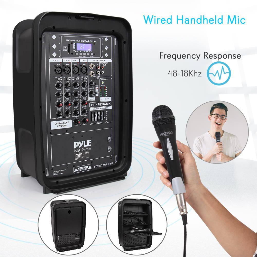 Wired Handheld Mic

Frequency Response
48-18Khz

MP3 CONTROL DIGITAL DISPLAY

CH1 CH2 CH3 CH4 CH5 CH6 MONITOR

POWER

DIGITAL ECHO EFFECTS

PYLE
PyleUSA.com

PPH28AMX
GRAPHIC EQUALIZER

STEREO AMPLIFIER

PYLE

PYLE