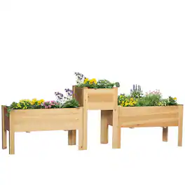 Outsunny - Raised Garden Bed Set of 3, Wooden Elevated Planter Box with Legs and Bed Liner - Natural Wood