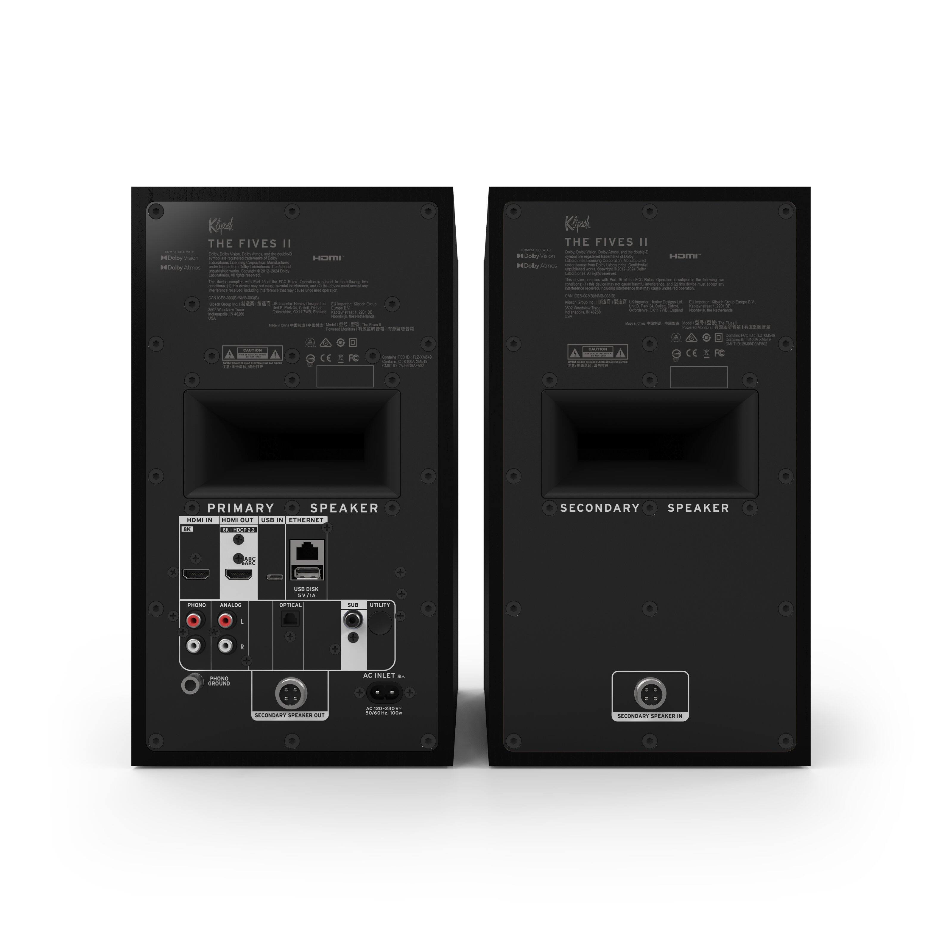 Klipsch THE FIVES II  
PRIMARY SPEAKER  
- HDMI IN  
- HDMI OUT  
- USB IN  
- ETHERNET  
- PHONO  
- ANALOG  
- OPTICAL  
- USB  
- UTILITY  
- AC INLET  
- SECONDARY SPEAKER OUT  

Klipsch THE FIVES II  
SECONDARY SPEAKER  
- SECONDARY SPEAKER IN