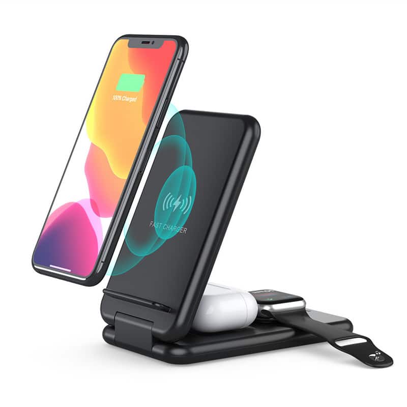 RISOKEYS - Foldable 3-in-1 Wireless Charger - Power Adapter Compatible with Apple AirPods and iWatch, 3in1 Wireless Fast Charging - Black
