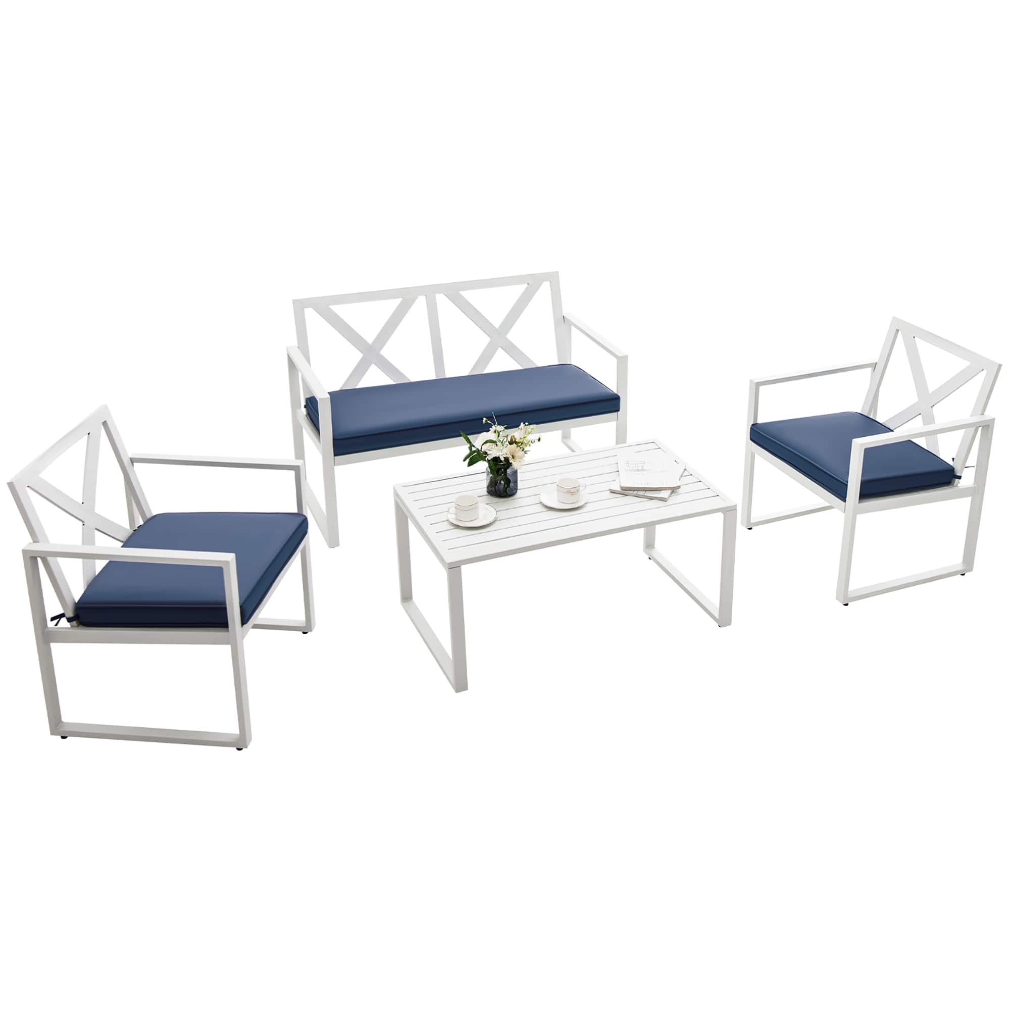 Costway - 4PCS Patio Conversation Furniture Set Armrest Cushioned Loveseat Sofas Garden - White,Navy price history on PriceWatchPro
