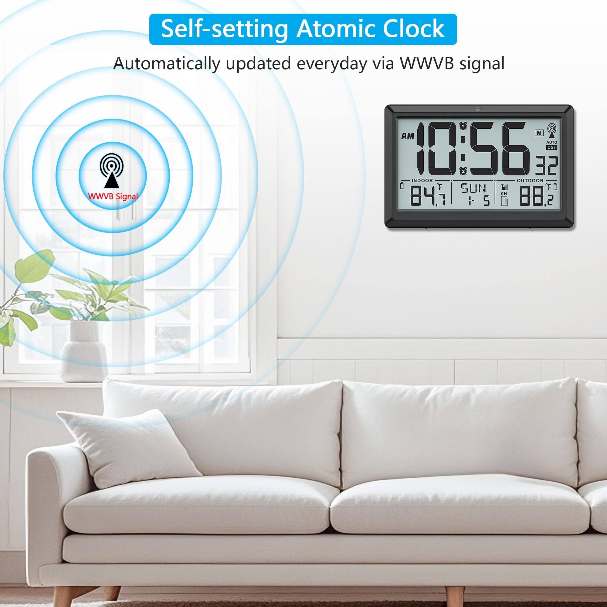 Self-setting Atomic Clock  
Automatically updated everyday via WWVB signal  

10:56 AM  
32  
84.7°F  
SUN  
5  
88.2°F