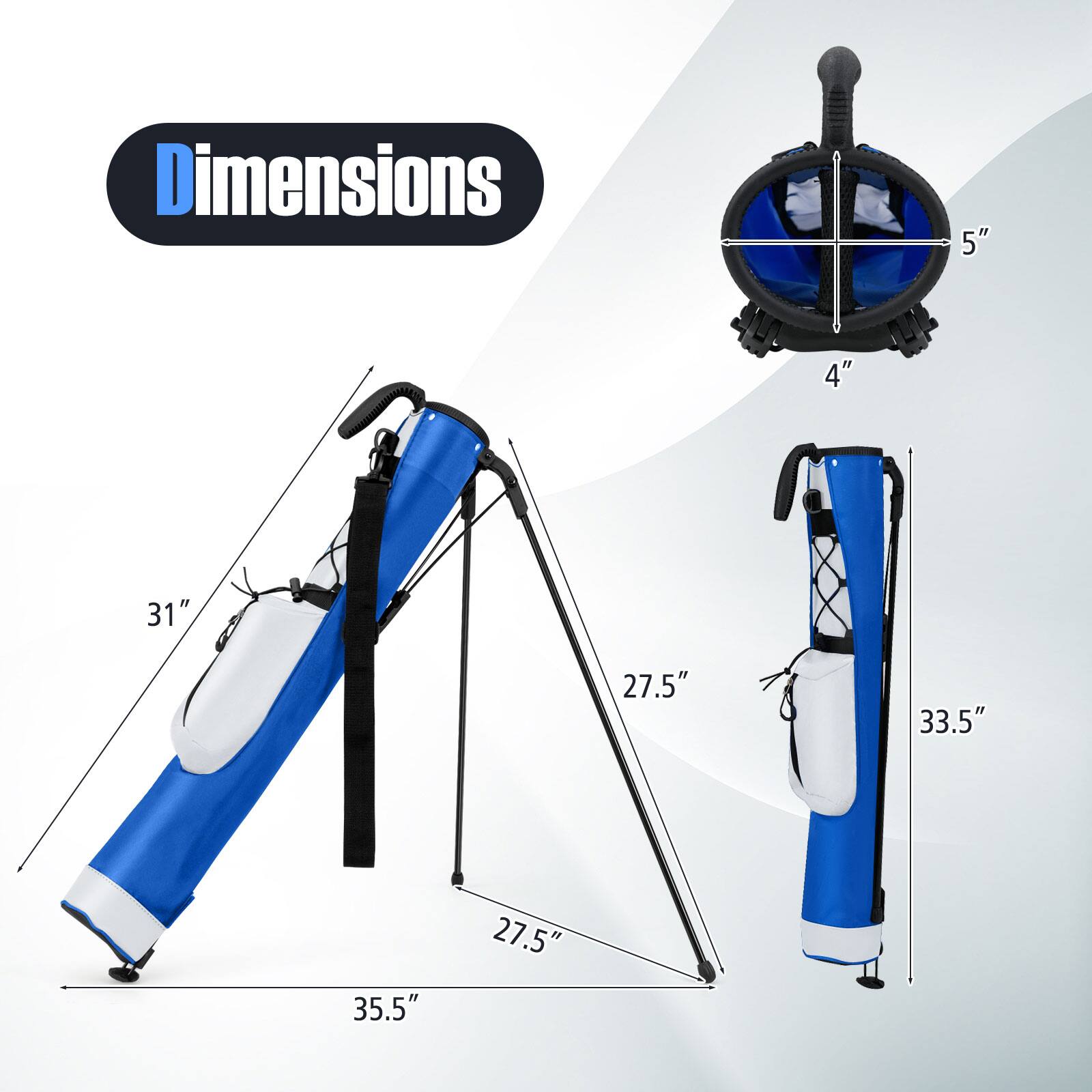 Dimensions:  
- Height: 35.5"  
- Width: 31"  
- Depth: 27.5"  
- Diameter: 5"  
- Width of base: 27.5"  
- Height of base: 4"  
- Height of handle: 33.5"