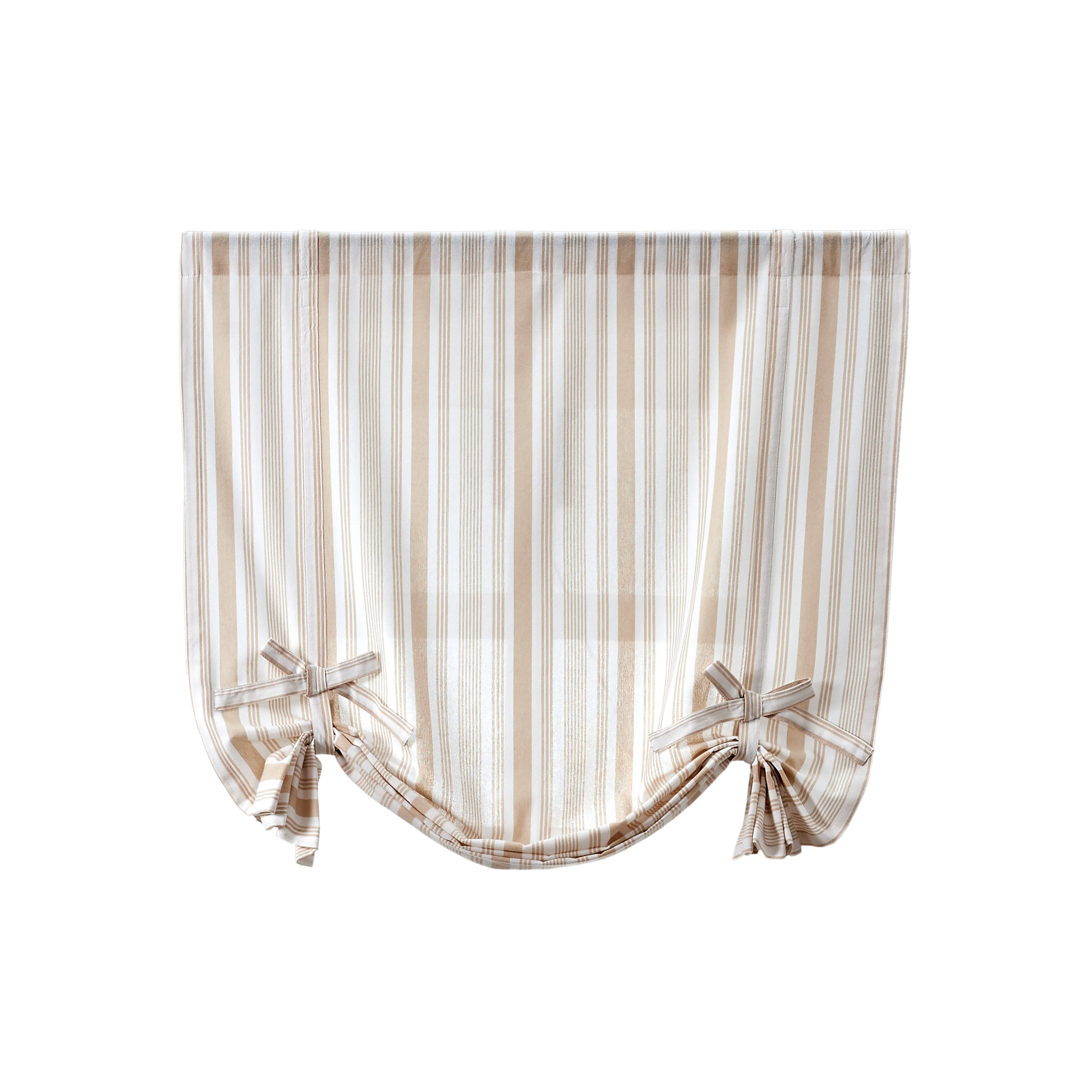 Left. Kate Aurora - Kate Aurora Country Farmhouse Cotton Striped Tie Up Window Curtain - 63 in. Long - Taupe - Beige.