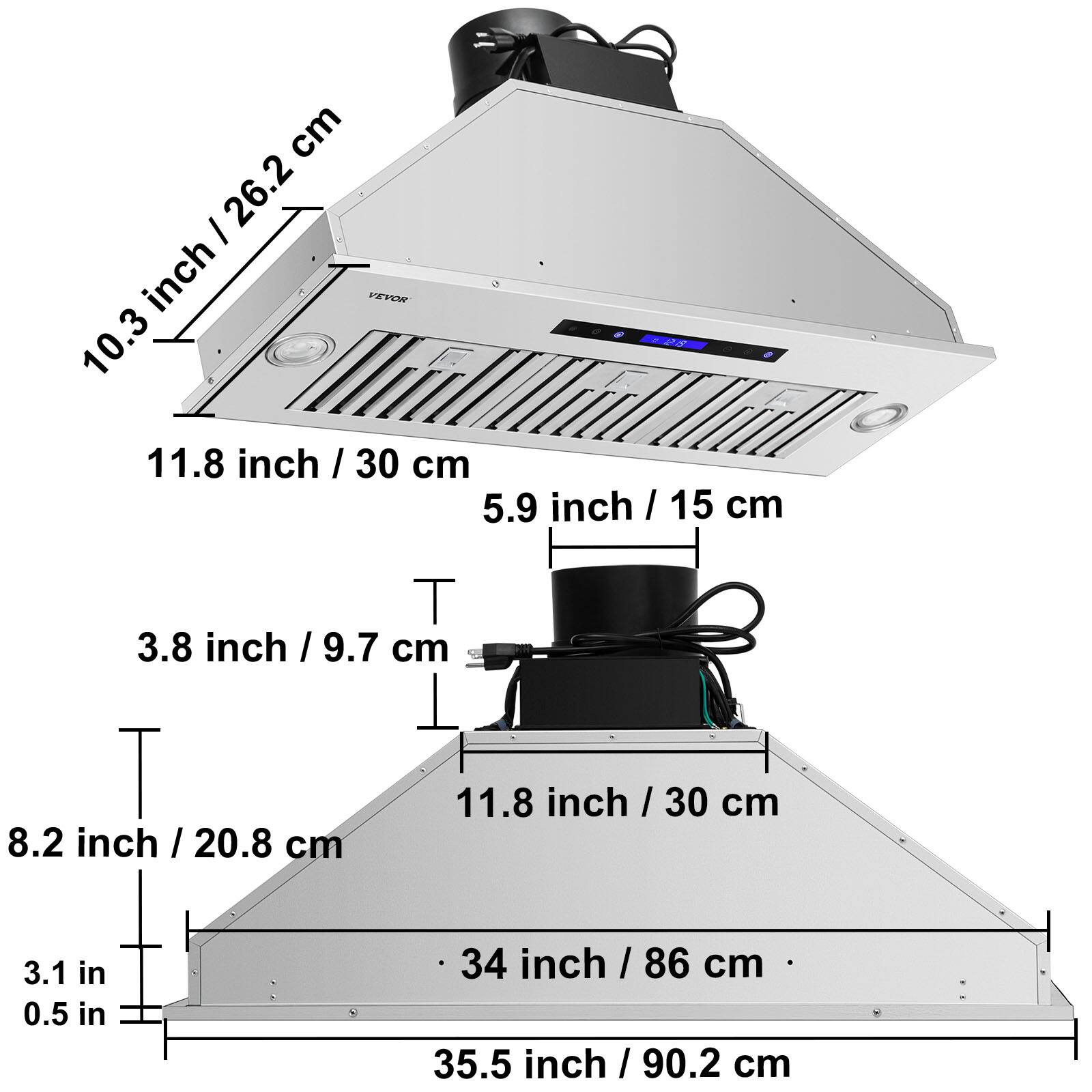 10.3 inch / 26.2 cm  
11.8 inch / 30 cm  
5.9 inch / 15 cm  
3.8 inch / 9.7 cm  
8.2 inch / 20.8 cm  
11.8 inch / 30 cm  
3.1 in / 0.5 in  
34 inch / 86 cm  
35.5 inch / 90.2 cm