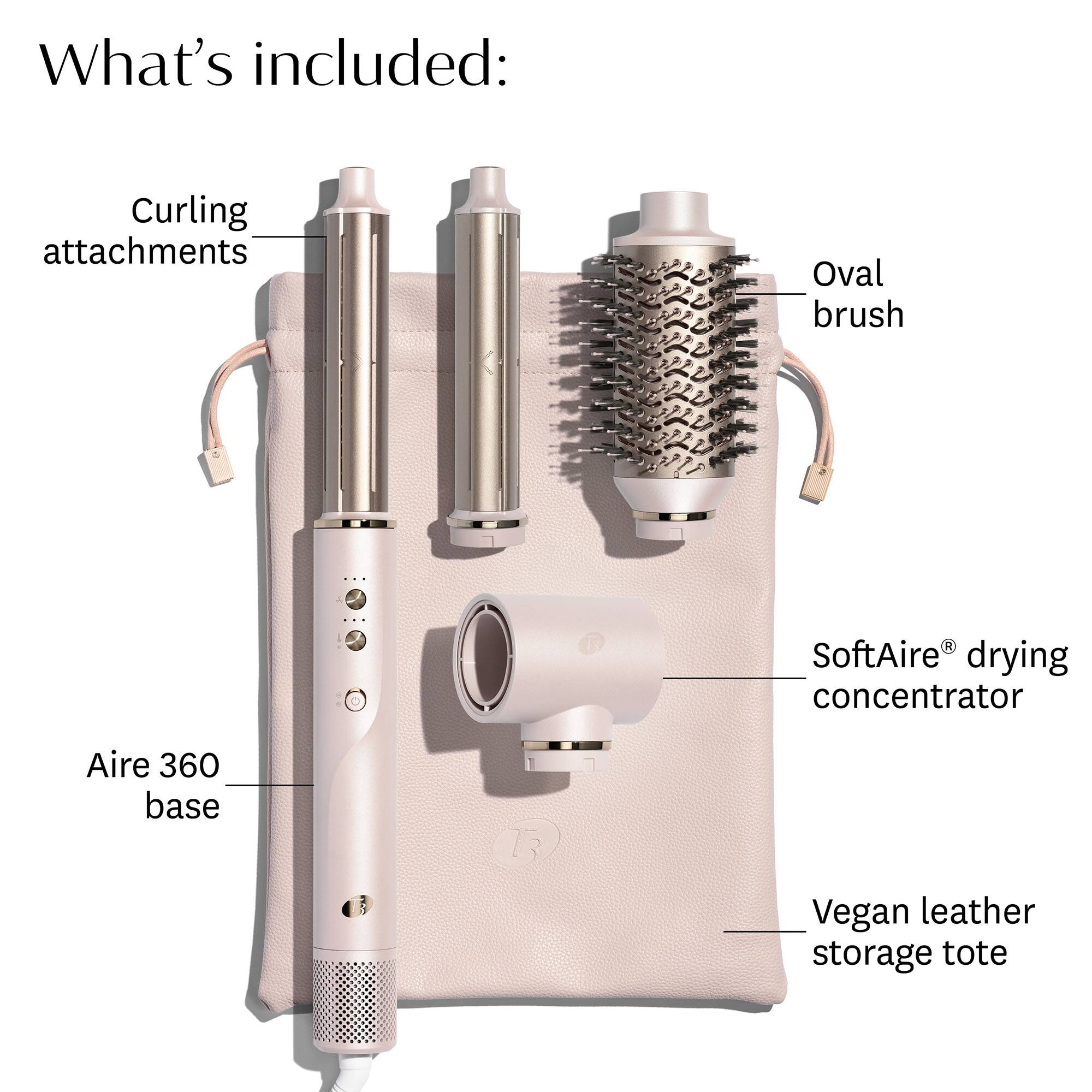 What's included: Curling attachments, Oval brush, SoftAire® drying concentrator, Aire 360 base, Vegan leather storage tote