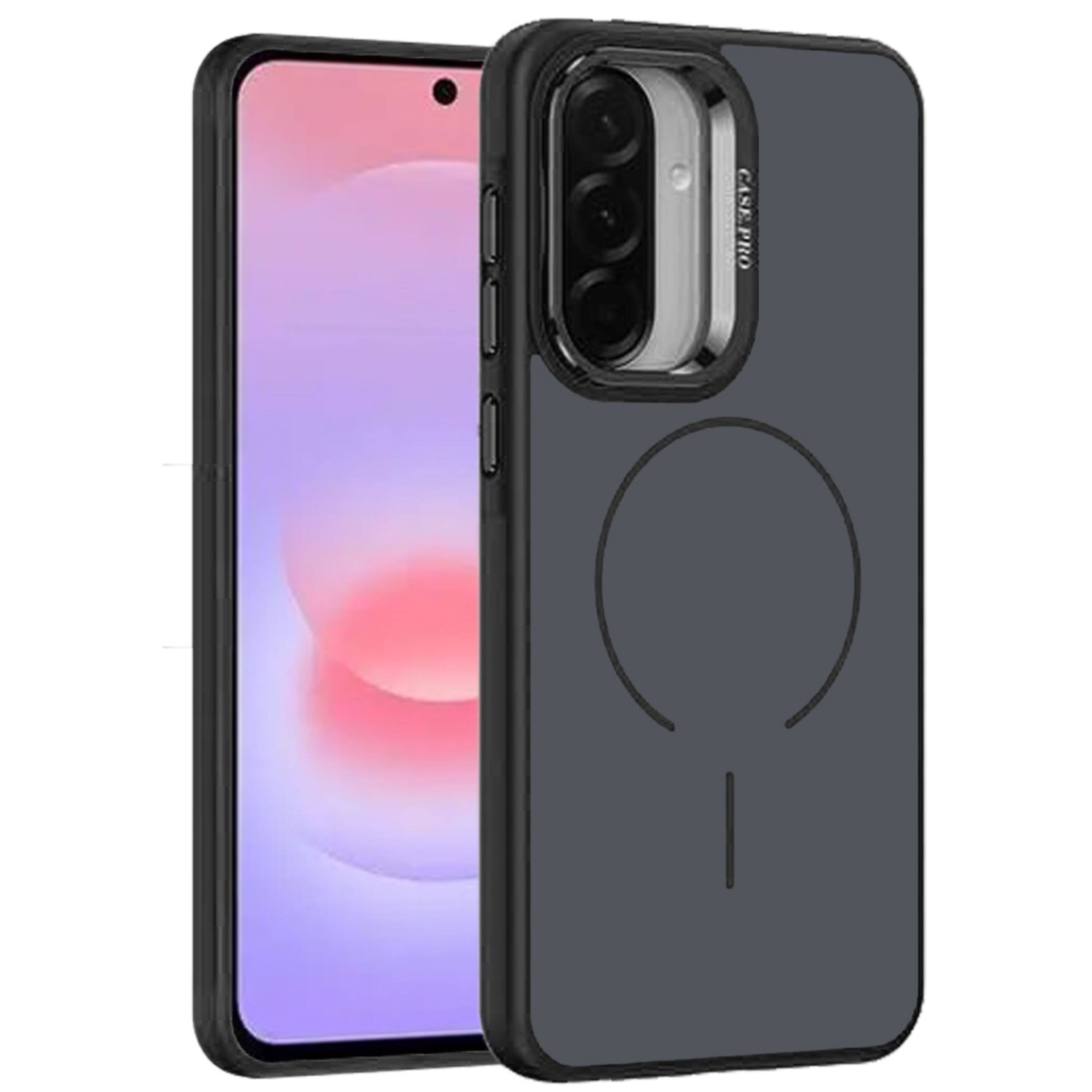 Left. Kitcheniva - Heavy-Duty Magnetic Circle Case With Metal Lens Stand And Tempered Glass For Samsung Galaxy A37 Black - Black.