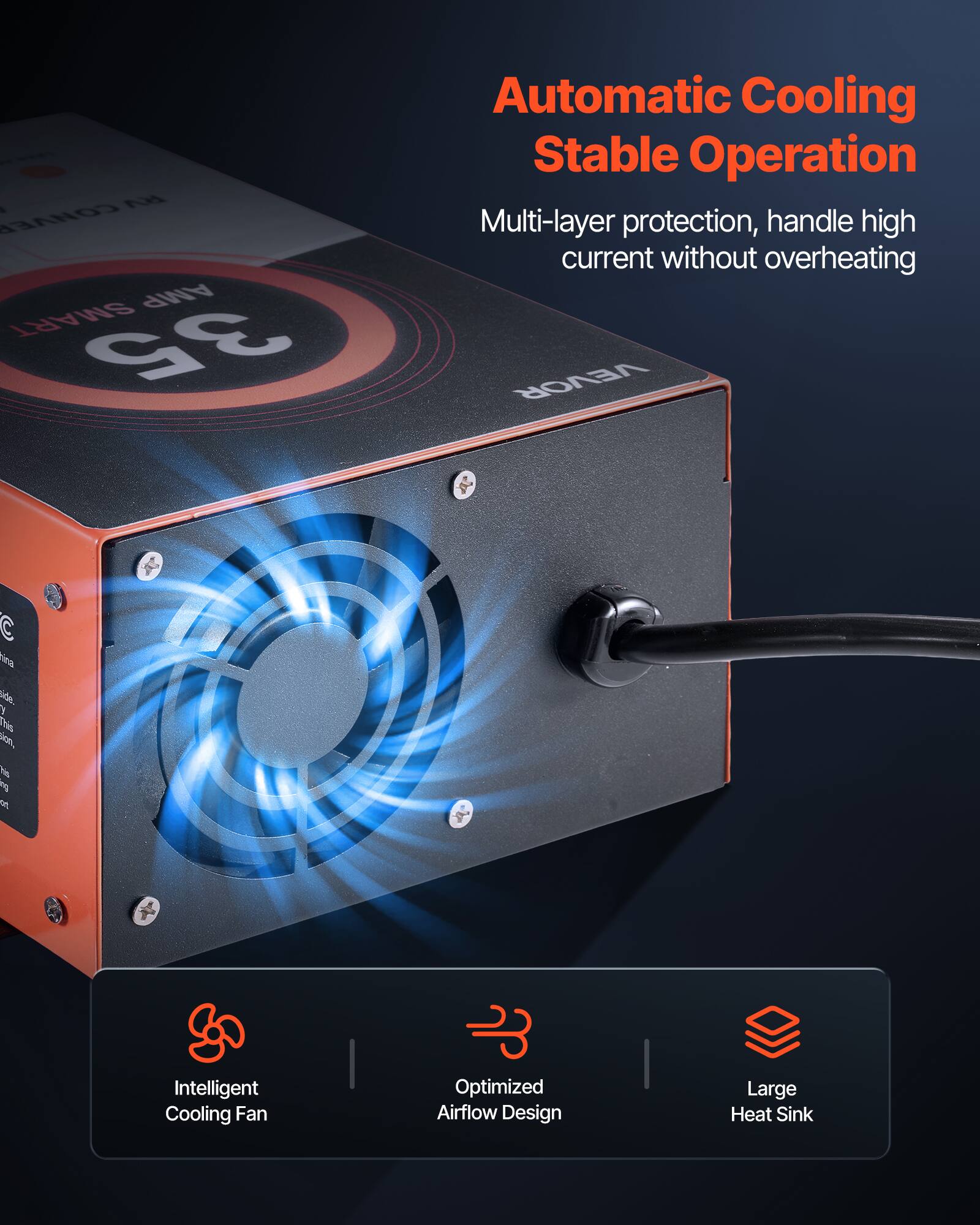 A VA CONVER AMP SMART 35

Automatic Cooling Stable Operation
Multi-layer protection, handle high current without overheating

Intelligent Cooling Fan
Optimized Airflow Design
Large Heat Sink