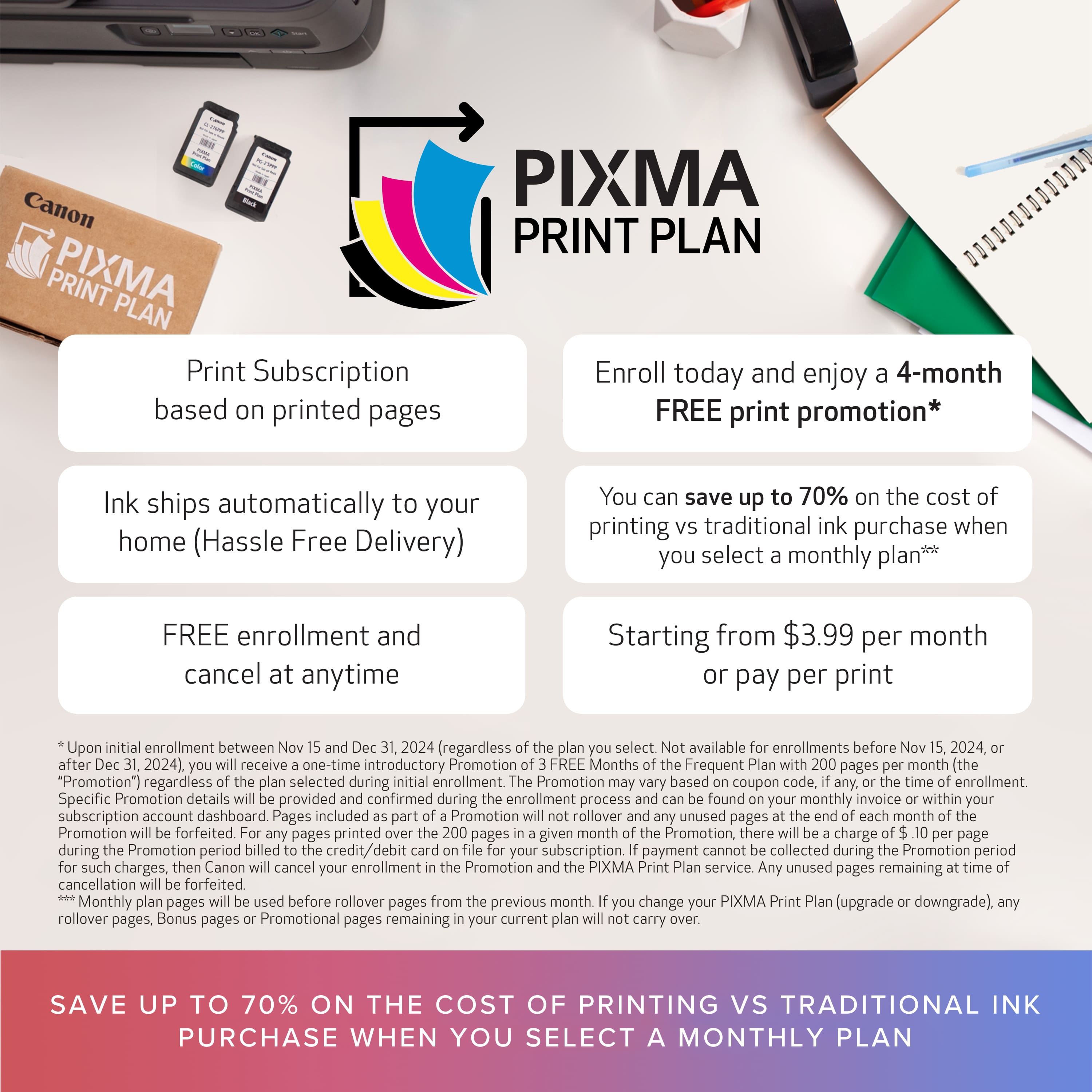 PIXMA Canon PRINT PLAN:
* Print Subscription: Enroll today and enjoy a 4-month subscription based on printed pages.
* Free print promotion: Ink ships automatically to your home (Hassle Free Delivery).
* Save up to 70% on the cost of printing traditional ink purchase when you select a monthly plan.
* Free enrollment and cancel at any time.
* Starting from $3.99 per month or pay per print.
* Upon initial enrollment between 2024 (regardless of plan selected), receive one-time introductory Promotion: FREE Months Frequent pages month (the "Promotion").
* Specific Promotion details provided during enrollment process found on monthly invoice within your subscription account dashboard.
* Pages included in Promotion rollover unused pages month Promotion forfeited.
* Charges apply per page during Promotion.