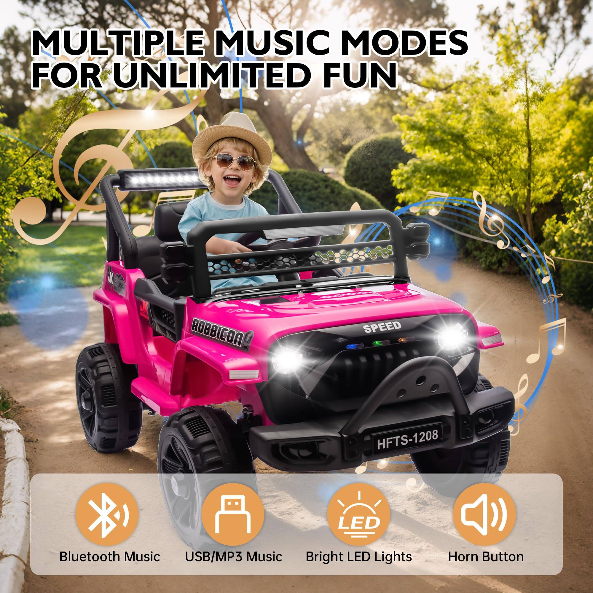 MULTIPLE MUSIC MODES FOR UNLIMITED FUN

- Bluetooth Music
- USB/MP3 Music
- Bright LED Lights
- Horn Button

ROBBICON SPEED HFTS-1208