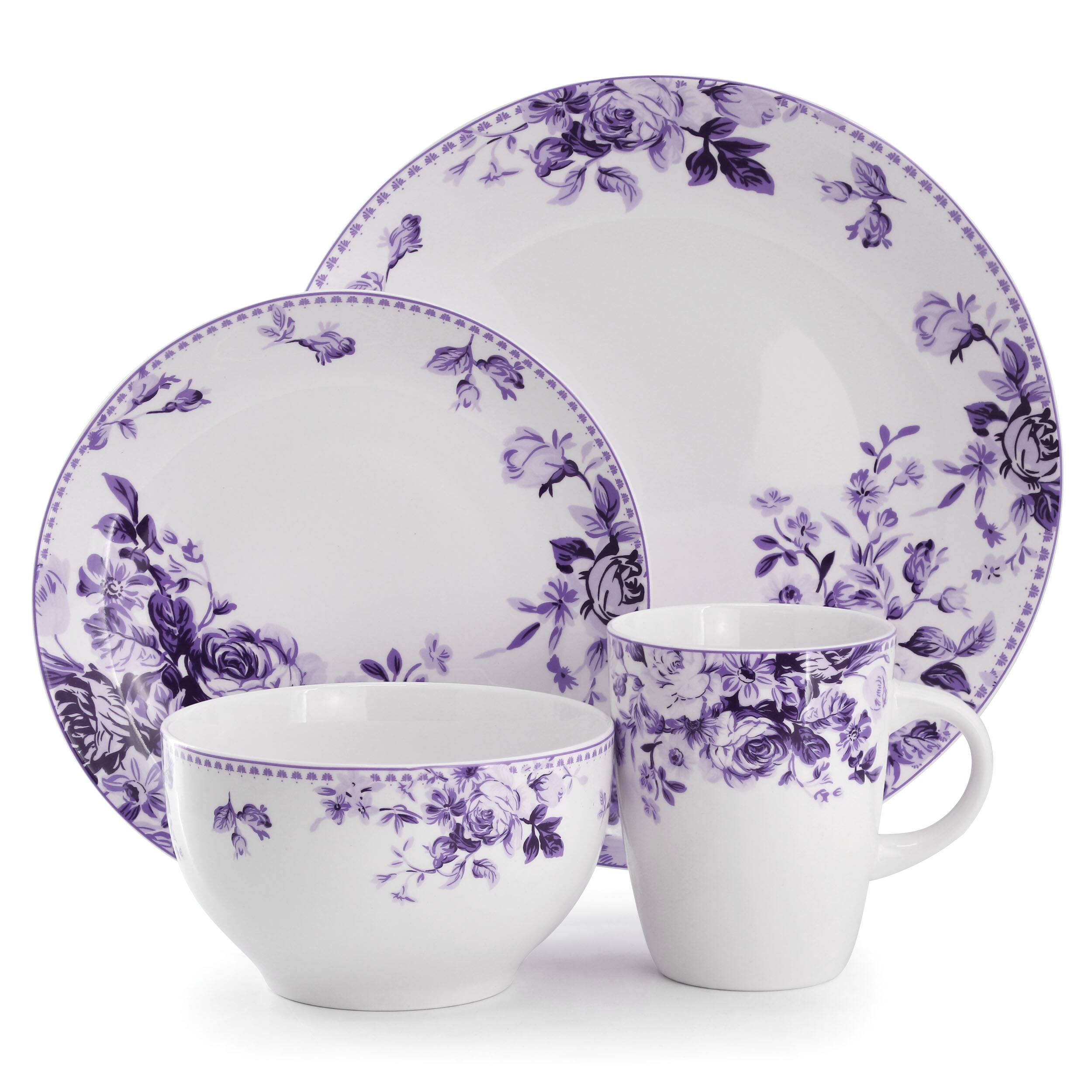 Alt View 1. Elama - Elama Traditional Purple Rose 16 Piece Stoneware Dinnerware Set - White and Purple.