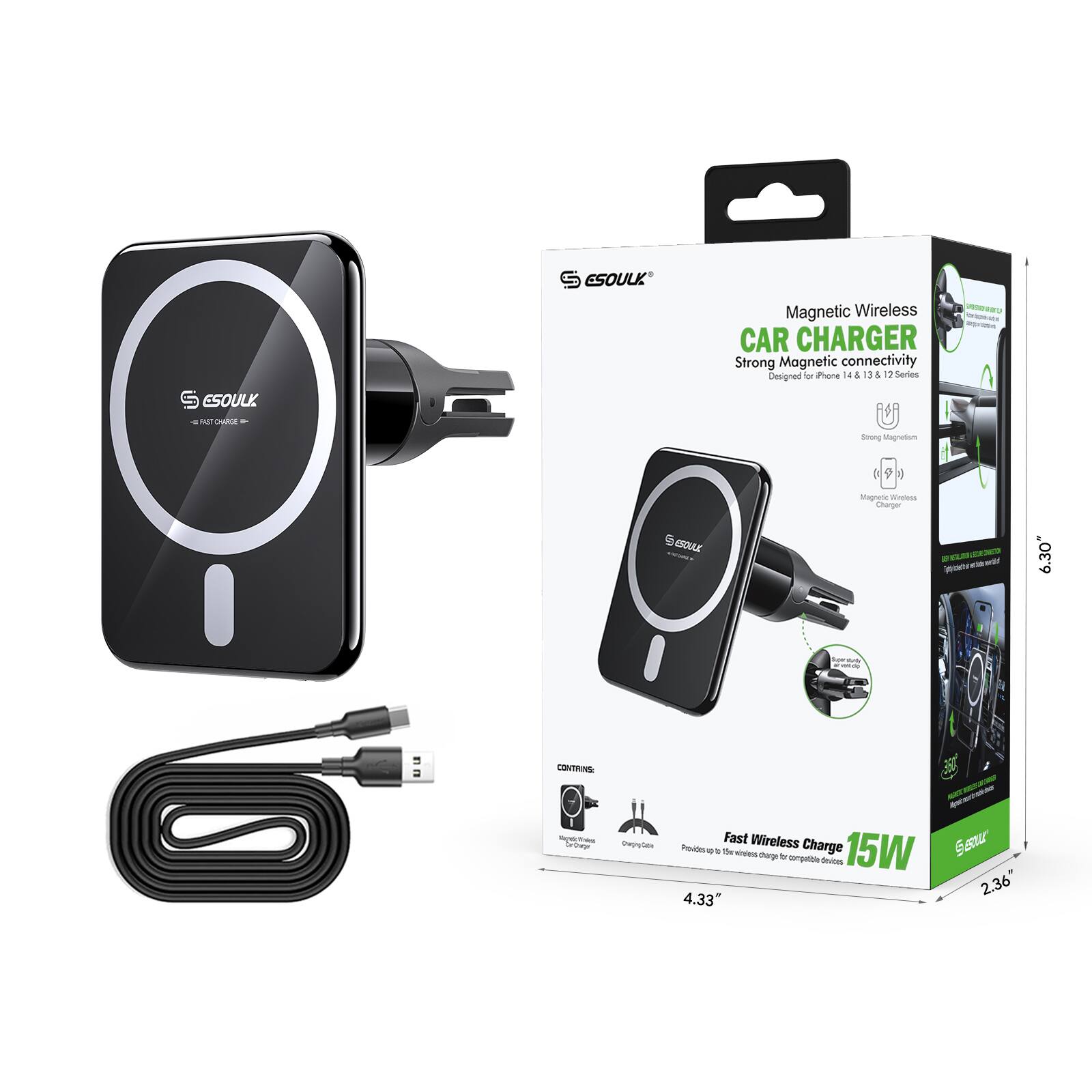 S ESOULK Magnetic Wireless CAR CHARGER Strong Magnetic connectivity Designed for iPhone 14, 13, 12 Series - Fast Wireless Charge - Charge 15W - Contains: Magnetic Charger - Charger 6.30" 2.36" 4.33"