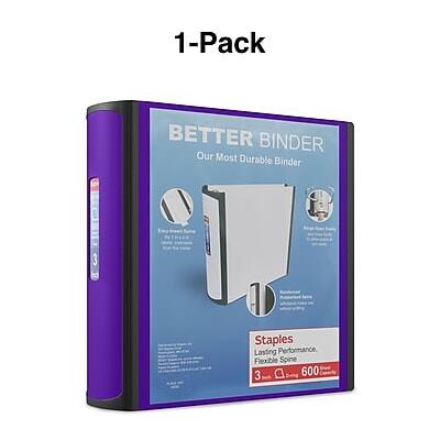 1-Pack  
BETTER BINDER  
Our Most Durable Binder  

Staples  
Lasting Performance, Flexible Spine  
3  
600