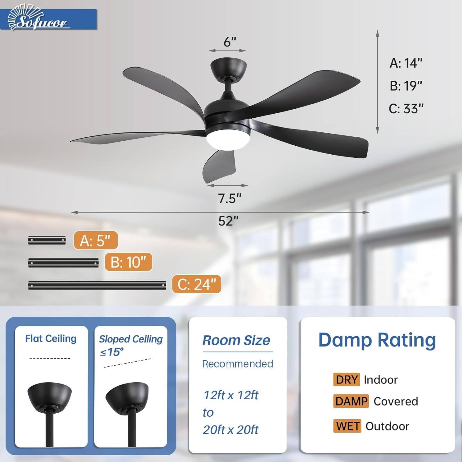 Sofucor

6"  
A: 14"  
B: 19"  
C: 33"  

7.5"  
52"  
A: 5"  
B: 10"  
C: 24"  

Flat Ceiling  
Sloped Ceiling ≤ 15°  

Room Size Recommended  
12ft x 12ft to 20ft x 20ft  

Damp Rating  
DRY Indoor  
DAMP Covered  
WET Outdoor