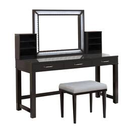 Manhattan Lane - Jexo 3pc Cherry Vanity Table Set with LED Mirror, 3 Drawer, Gray Padded Stool - Brown, Gray