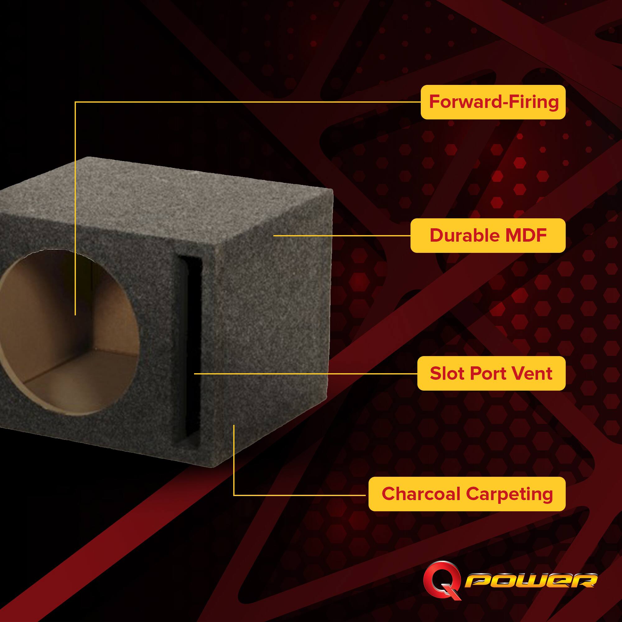 Forward-Firing  
Durable MDF  
Slot Port Vent  
Charcoal Carpeting  
Q POWER
