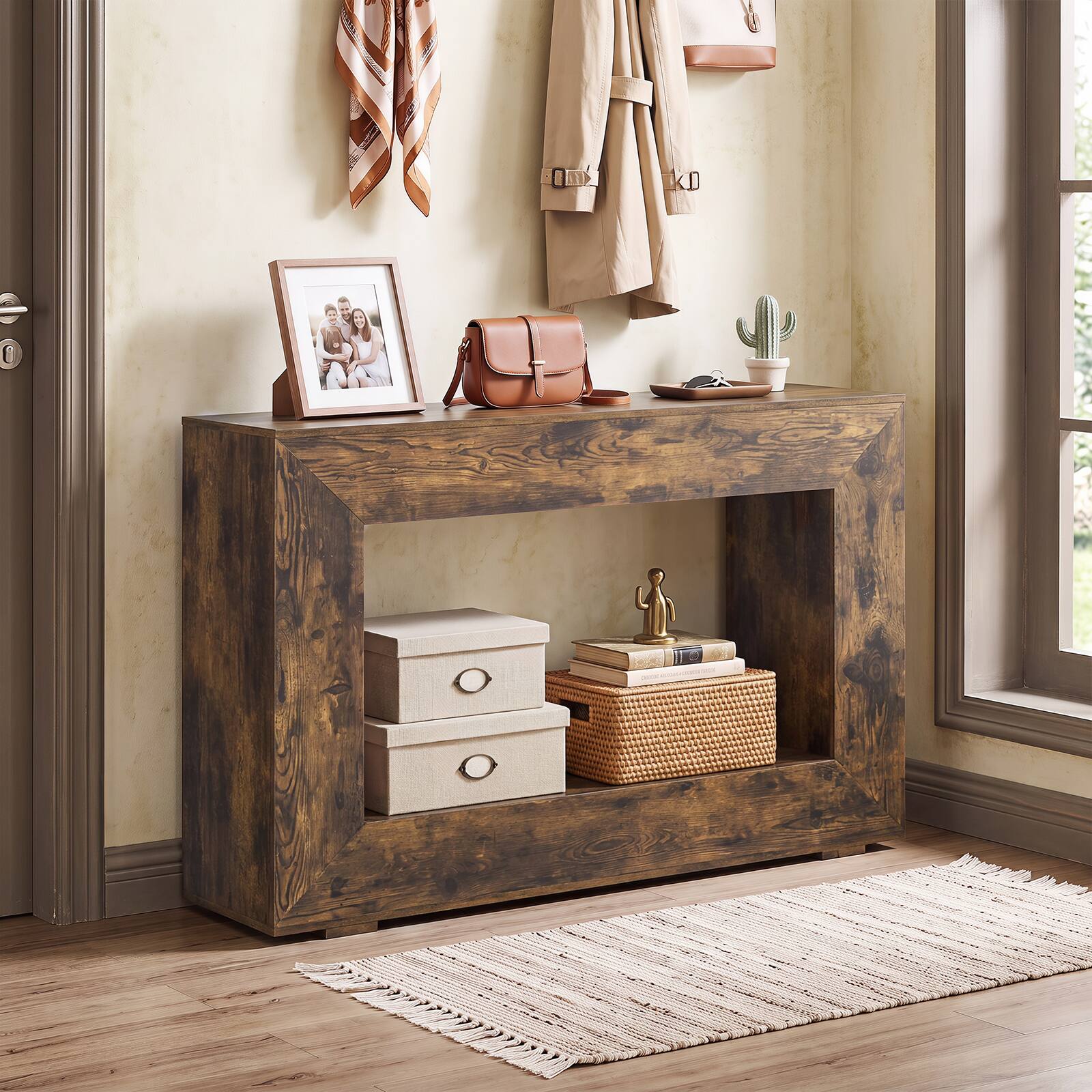 Alt View 4. Costway - Costway 47" Farmhouse Console Table 2-Tier Sofa Table Behind Couch with Open Storage Shelf - Rustic Brown.