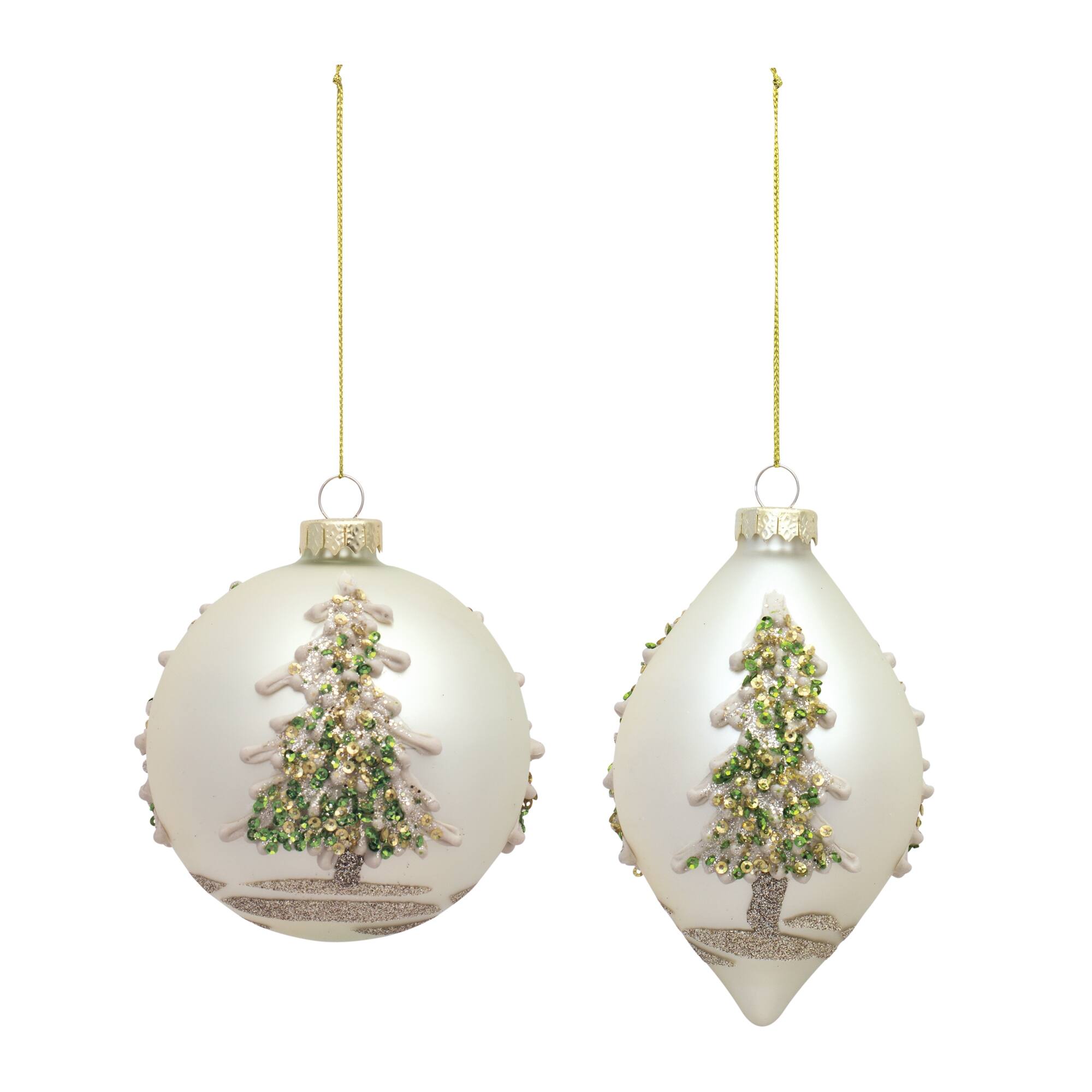 Angle. BreeBe - Painted Snowy Pine Tree Ball Ornament (Set of 6) - Green, Gold, Silver.
