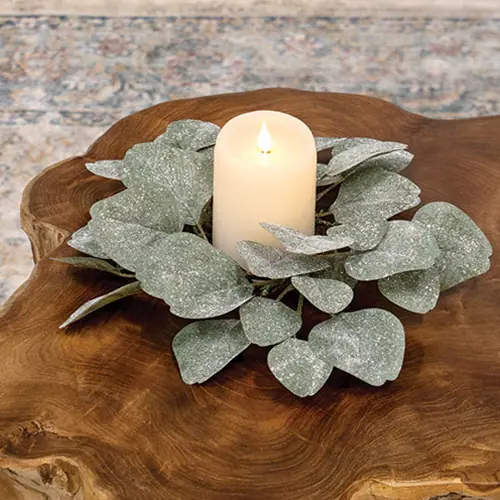 Angle. BreeBe - *Frosted Dollar Eucalyptus Leaf Candle Ring 3.5" - Green.