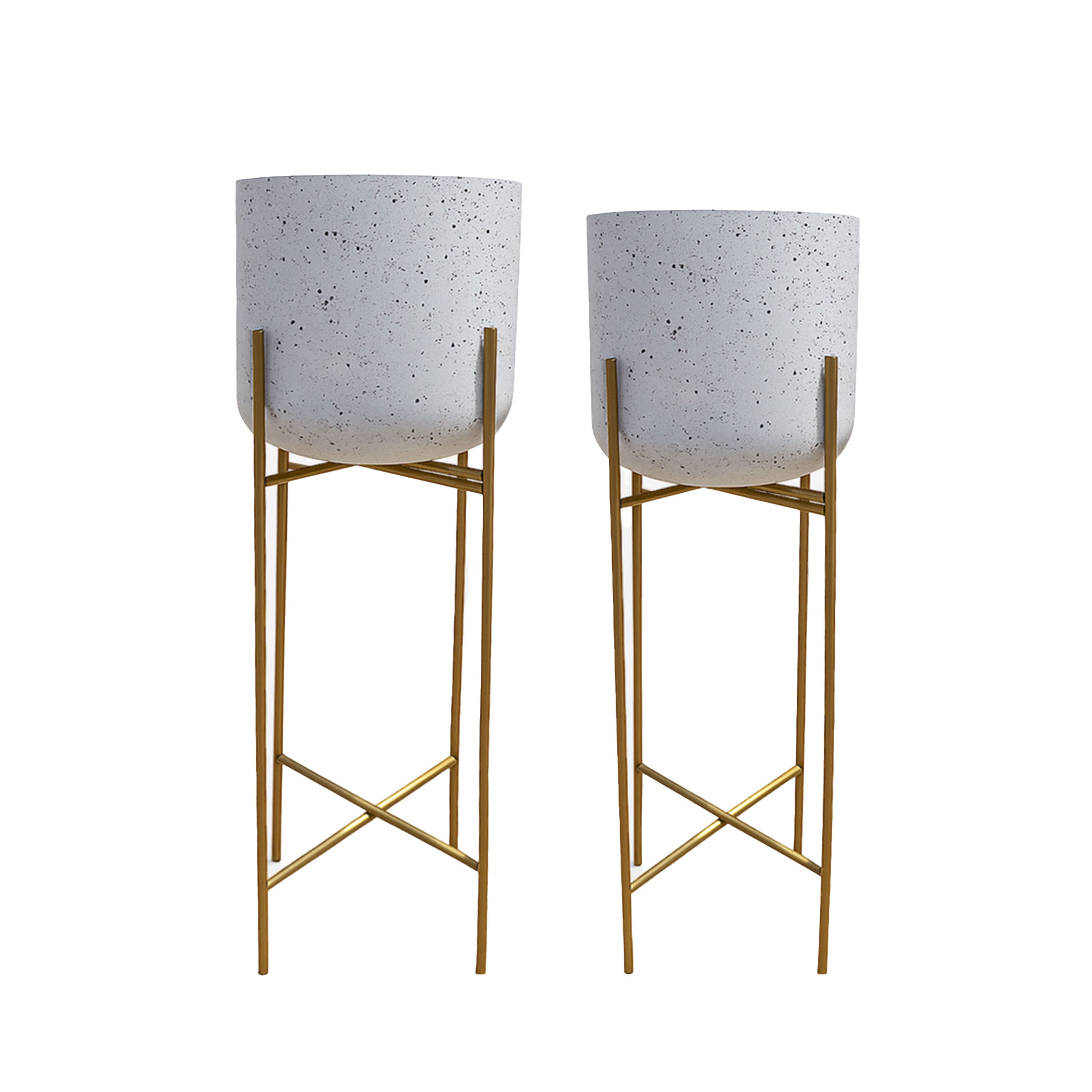 Manhattan Lane - Aira Set of 2 Planters | 20, 22" Tall | Gold Foldable Metal Stand | White Speckled Pattern