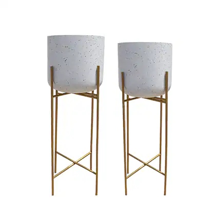 Front. Manhattan Lane - Aira Set of 2 Planters | 20, 22" Tall | Gold Foldable Metal Stand | White Speckled Pattern.