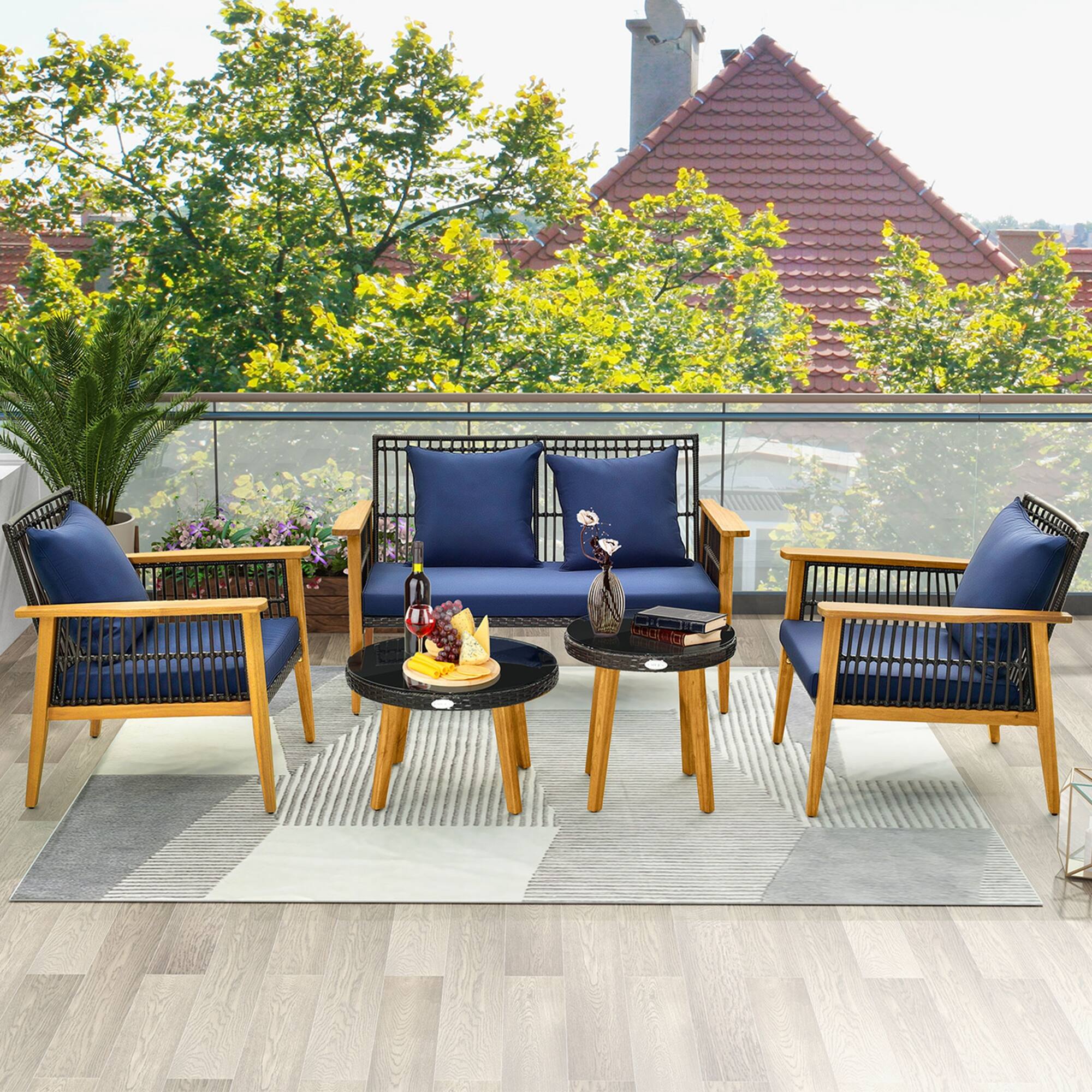 Alt View 3. Costway - Costway 5PCS Outdoor Rattan Woven Conversation Set Stable Acacia Wood Frame for Backyard - Navy.