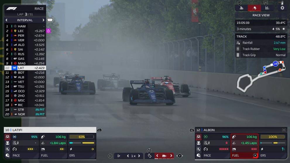 L2 R2 1 2 3 4 5 6 7 8 9 10 11 12 13 14 15 16 17 18 19 20 RACE LAP 3 3/51 INTERVAL

1 HAM +5.267
2 LEC +2.674
3 VER +0.000
4 ALO +3.525
5 SAI +0.142
6 RUS +1.392
7 GAS +0.145
8 MAG +4.254
9 LAT +2.423
10 BOT +0.216
11 ALB +0.000
12 VET +0.000
13 TSU +0.261
14 OCO +2.329
15 ZHO +0.911
16 MSC +1.814
17 RIC +3.041
18 STR IN PIT
19 NOR IN PIT

RACE VIEW
1