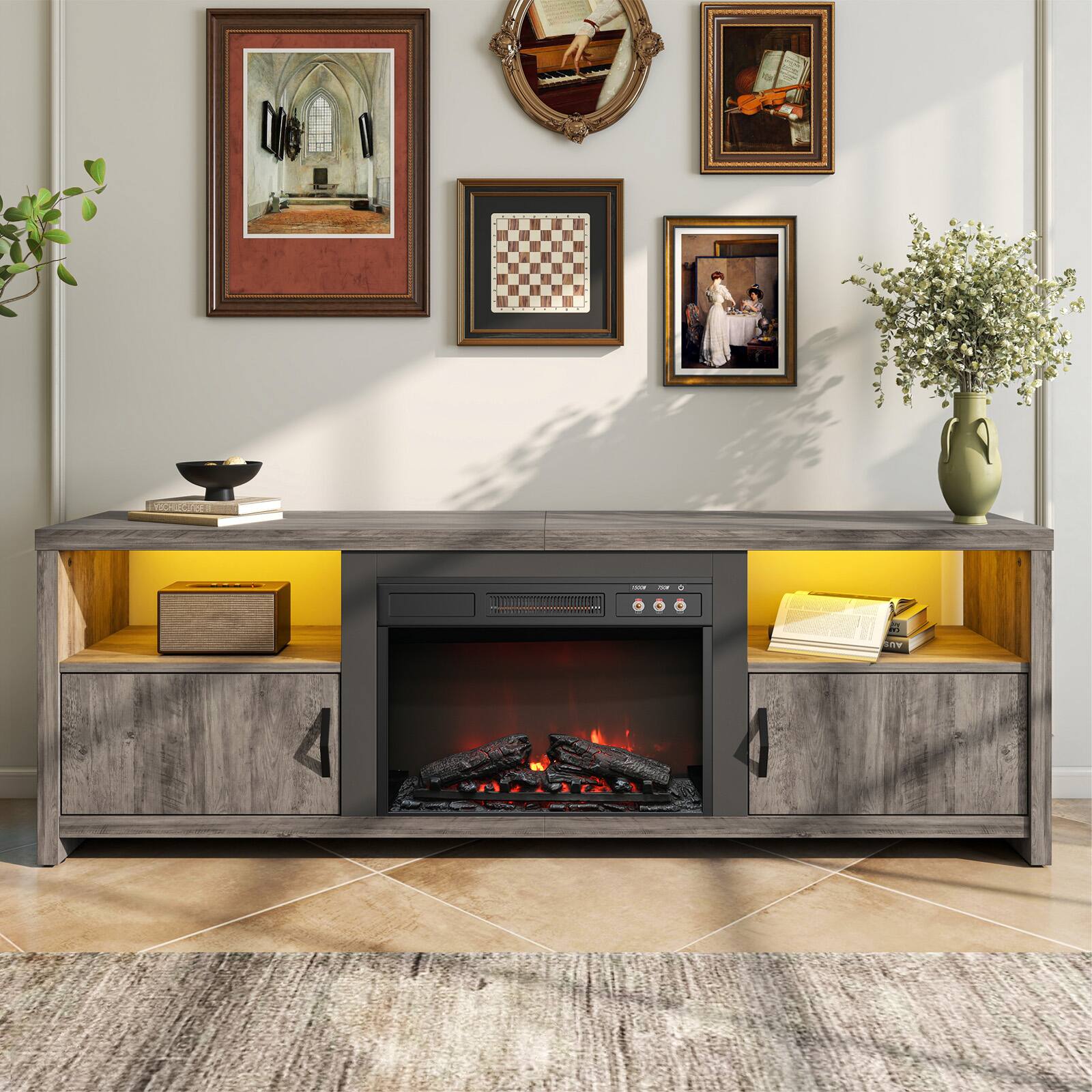 Angle. Bestier - 71-inch Fireplace TV Stand with RGB Lights Entertainment Centers, Open Shelves & Cable Management - Grew.