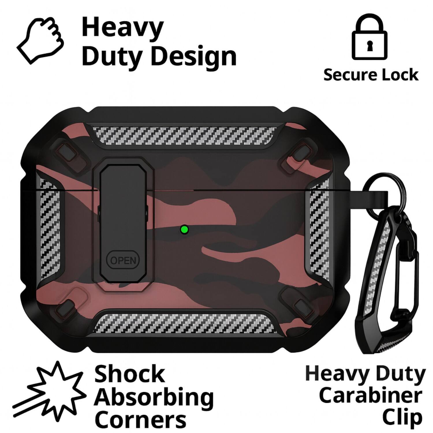 Heavy Duty Design  
Secure Lock  
Shock Absorbing Corners  
Heavy Duty Carabiner Clip