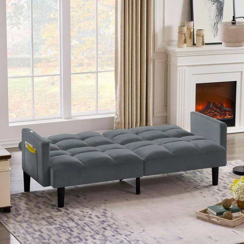 Alt View 5. Trinkets Crazed - Velvet Futon Couch Convertible Folding Sofa Bed Tufted Couch for Apartment  - gray.