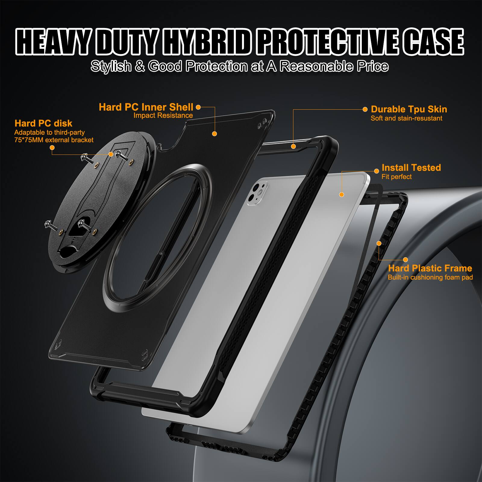 HEAVY DUTY HYBRID PROTECTIVE CASE  
Stylish & Good Protection at A Reasonable Price  

- Hard PC Inner Shell  
  Impact Resistance  

- Hard PC disk  
  Adaptable to third-party 75*75MM external bracket  

- Durable Tpu Skin  
  Soft and stain-resistant  

- Install Tested  
  Fit perfect  

- Hard Plastic Frame  
  Built-in cushioning foam pad