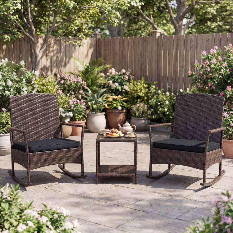 Angle. Mondawe - 3 Piece Patio Rocking Bistro Set with Cushions and 2 Tier Table for Outdoor Use - Dark Brown.