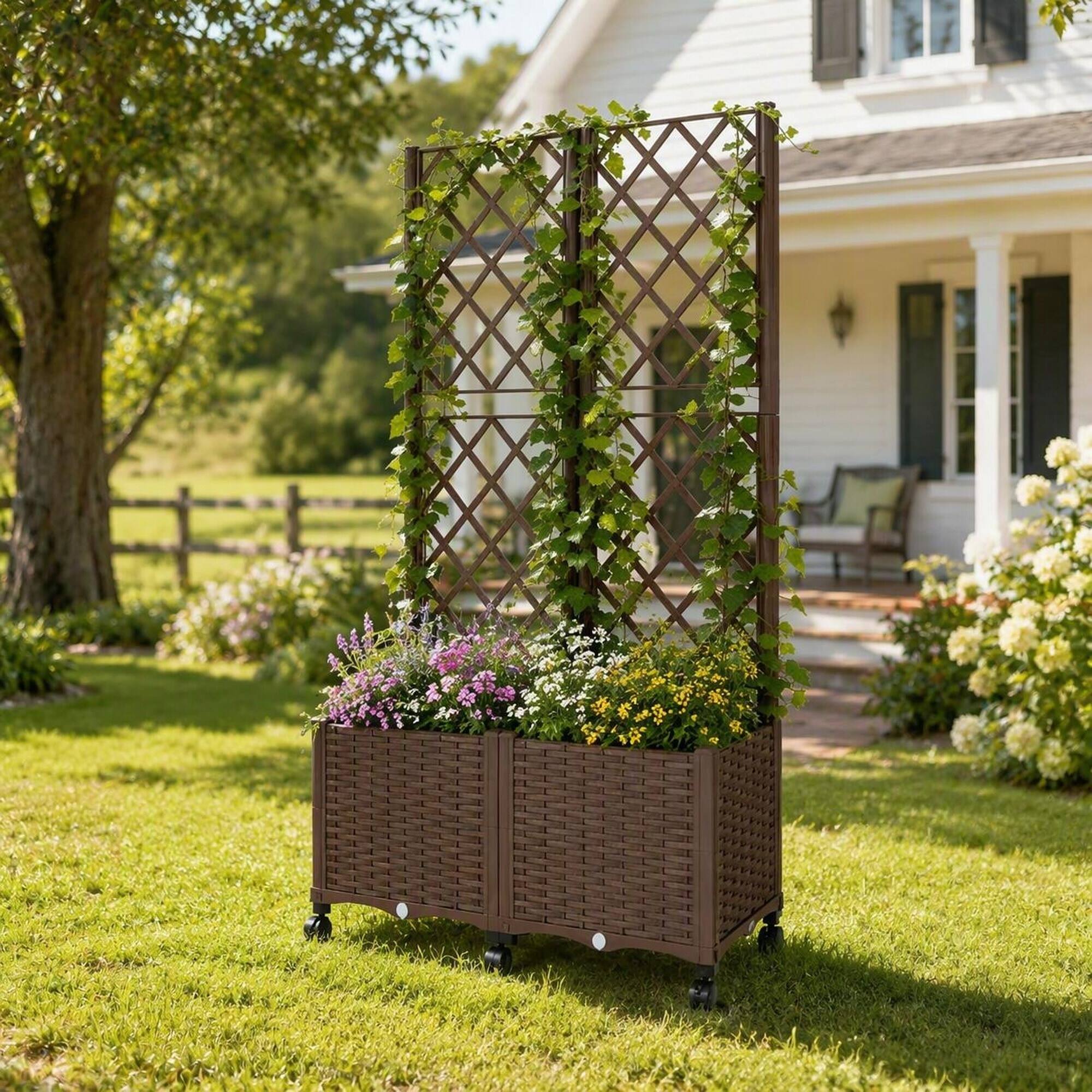 Angle. RYHNUYNE - Mobile Raised Garden Bed with Trellis and Self-Watering Reservoir, Wicker Brown PP Plastic Planter on Wheels - Brown.