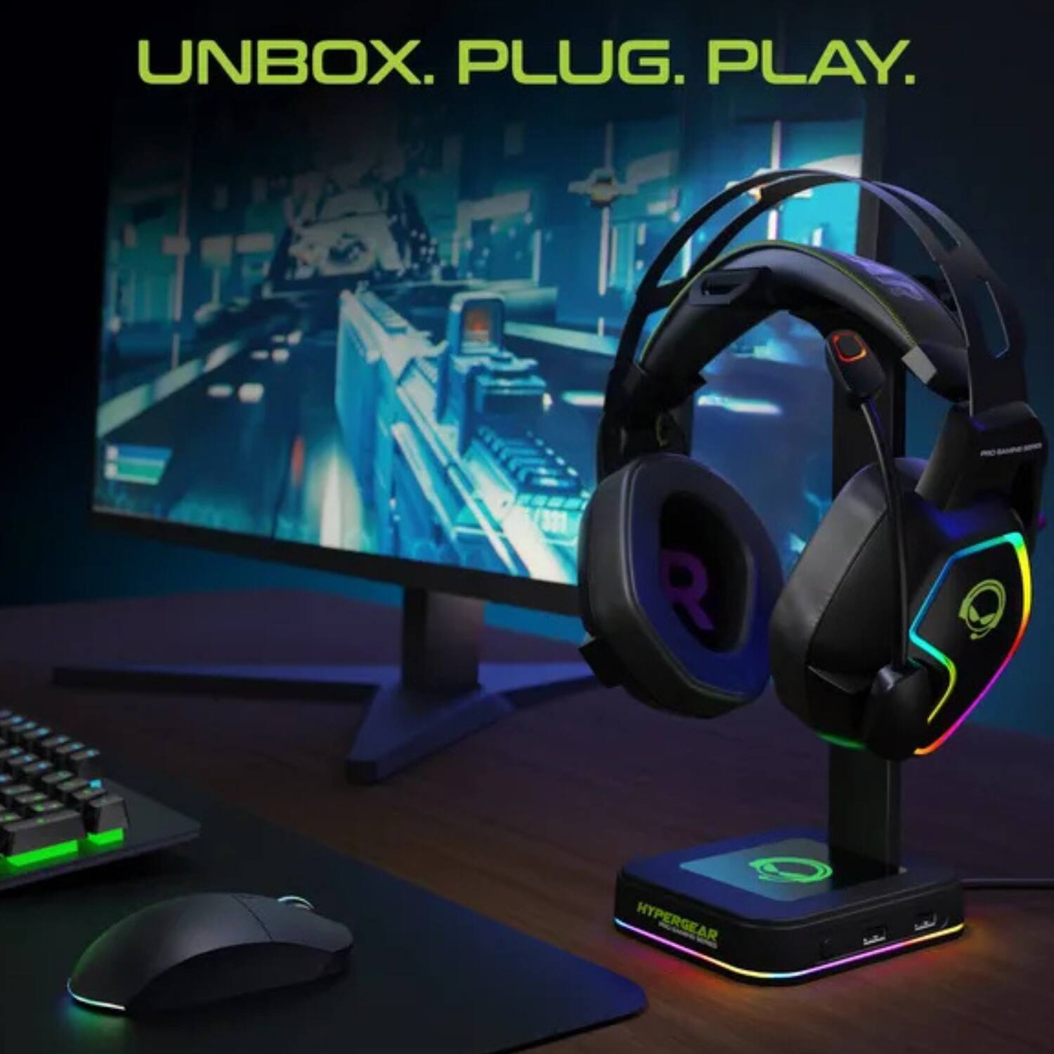 Angle. Stock Preferred - RGB Command Station Dual Headset Stand with 2 USB Charging Ports.