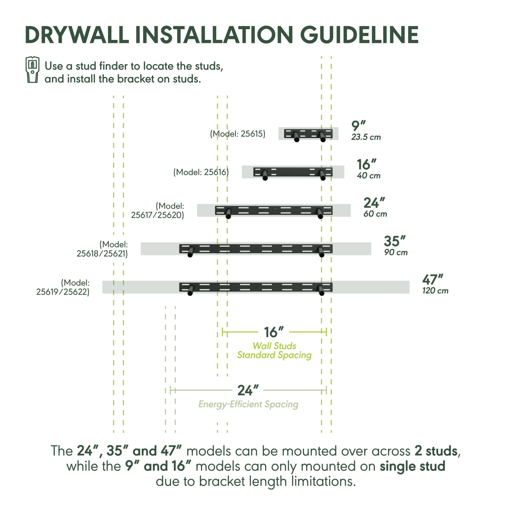 DRYWALL INSTALLATION GUIDELINE

Use a stud finder to locate the studs, and install the bracket on studs.

- (Model: 25615) 9" 23.5 cm
- (Model: 25616) 16" 40 cm
- (Model: 25617/25620) 24" 60 cm
- (Model: 25618/25621) 35" 90 cm
- (Model: 25619/25622) 47" 120 cm

16" Wall Studs Standard Spacing  
24" Energy-Efficient Spacing

The 24", 35" and 47" models can be mounted over across 2 studs, while the 9" and 16" models can only be mounted on single stud due to bracket length limitations.