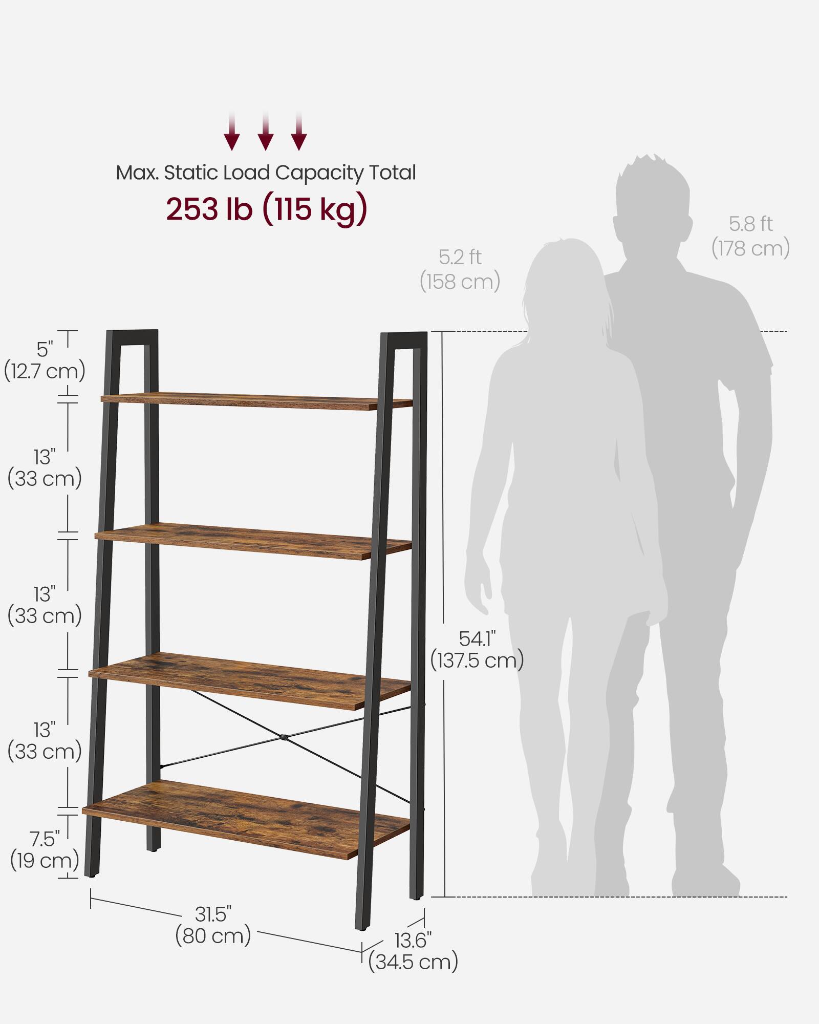 Max. Static Load Capacity Total 253 lb (115 kg)

5.2 ft (158 cm) 5.8 ft (178 cm)

5" (12.7 cm) 13" (33 cm) 13" (33 cm) 54.1" (137.5 cm) 13" (33 cm) 7.5" (19 cm) 31.5" (80 cm) 13.6" (34.5 cm)