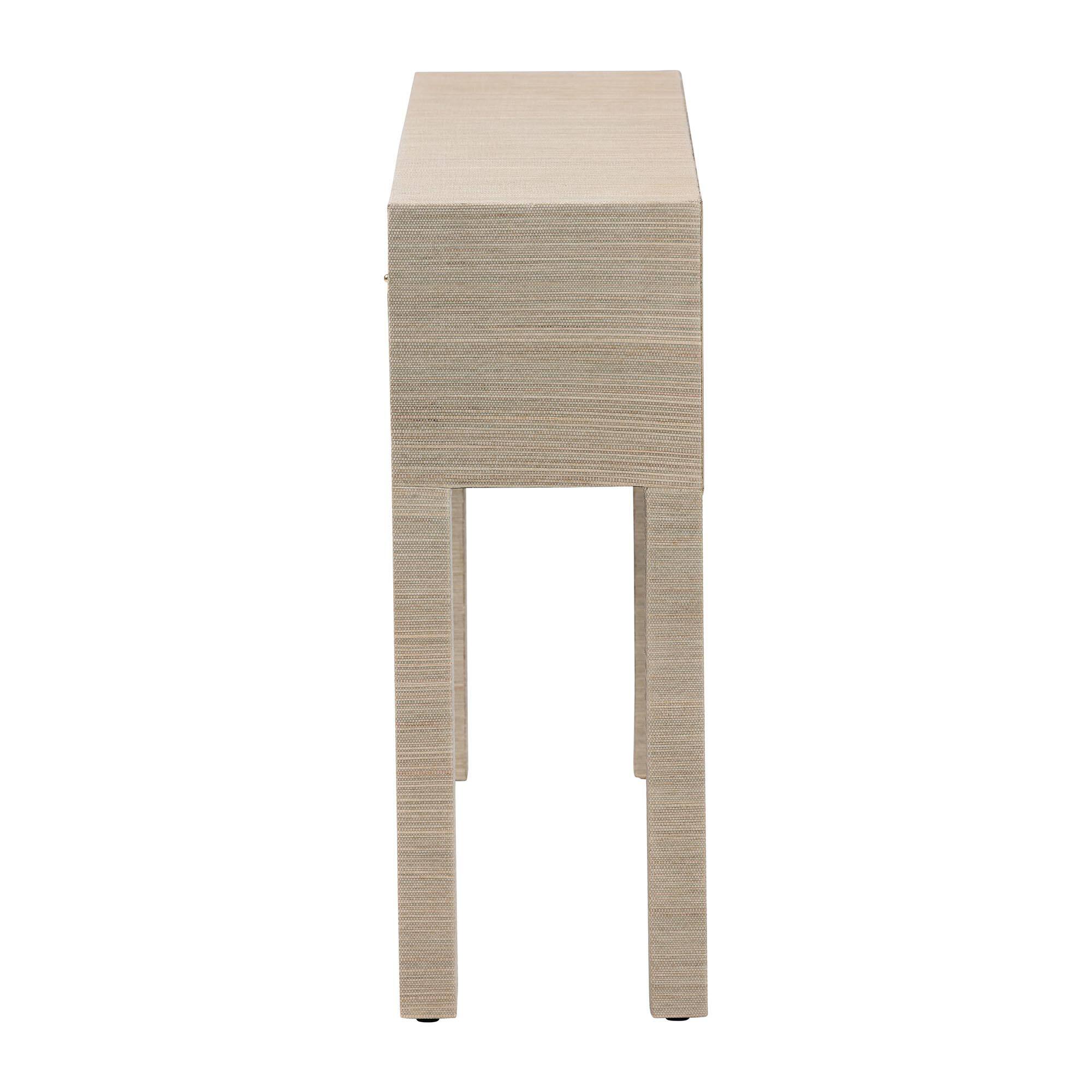 Back. bali & pari - Noah Grasscloth 2-Drawer Console Table - Woven Texture Entryway Table with Gold Ring Pulls, for Narrow Hallway - Beige/Gold.