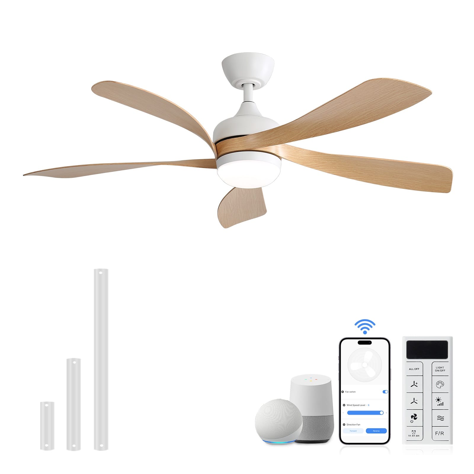 Front. Sofucor - 45''/52" Smart Ceiling Fan With LED Light and Remote Work with Alexa/Google/App 6-Speed Timing Reversible Indoor/Outdoor - 45inch - White - Light Brown.