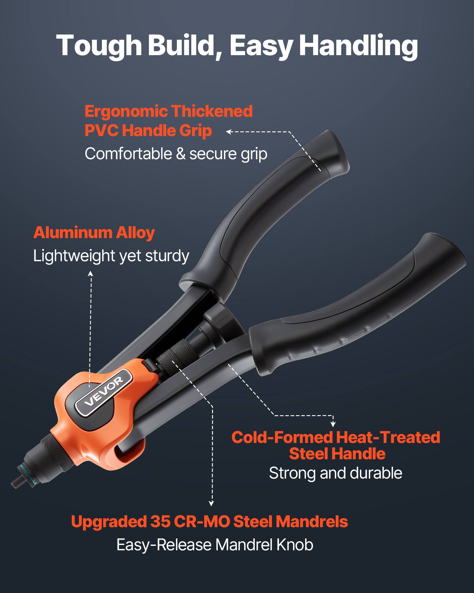 Tough Build, Easy Handling

- Ergonomic Thickened PVC Handle Grip
  - Comfortable & secure grip

- Aluminum Alloy
  - Lightweight yet sturdy

- Cold-Formed Heat-Treated Steel Handle
  - Strong and durable

- Upgraded 35 CR-MO Steel Mandrels
  - Easy-Release Mandrel Knob