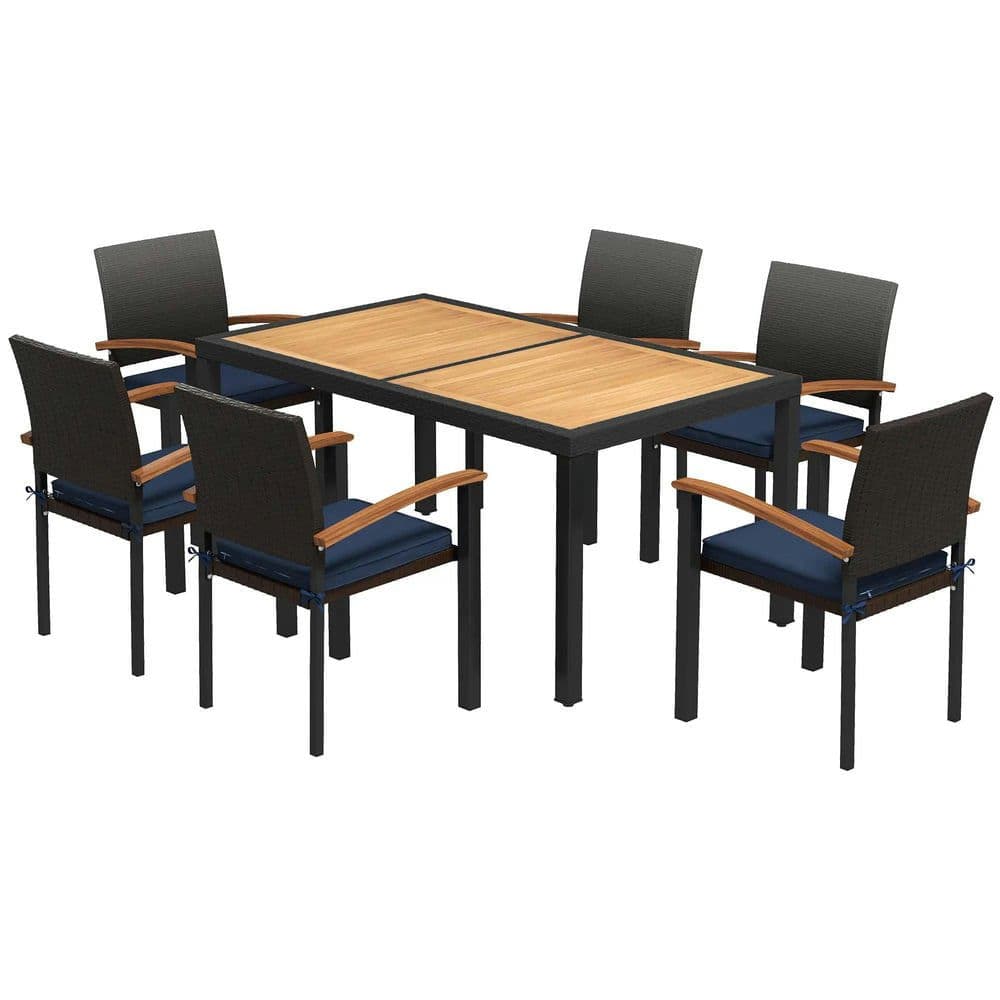 Resenkos - 7-Piece Patio Dining Furniture, Outdoor Sectional Furniture, Cushions, PE Rattan - Black
