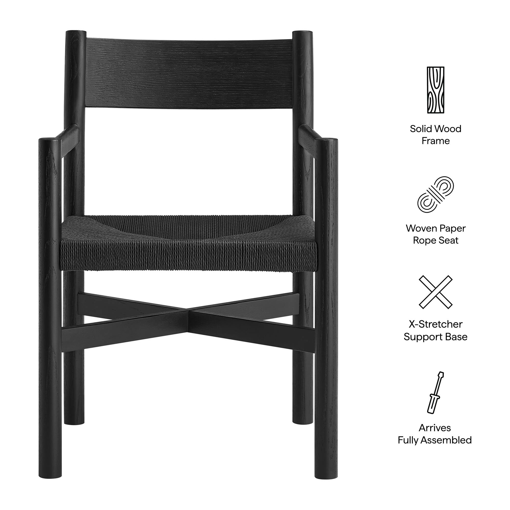 Solid Wood Frame Woven Paper Rope Seat X-Stretcher Support Base Arrives Fully Assembled