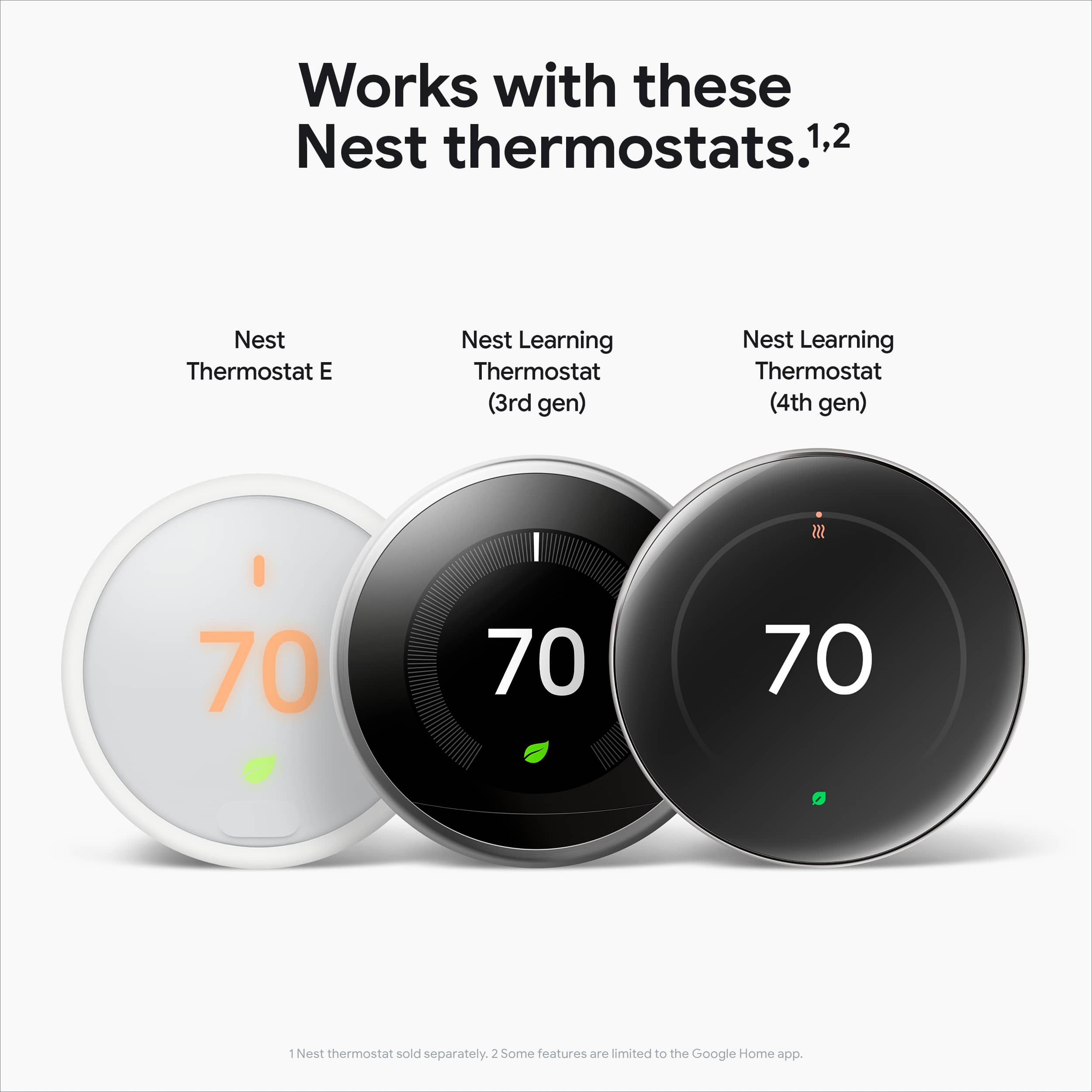 Works with these Nest thermostats:
1. Nest Thermostat E
2. Nest Learning Thermostat (3rd gen)
3. Nest Learning Thermostat (4th gen)
$55
70
70
70
0
* Nest thermostat sold separately.
* Some features are limited to the Google Home app.