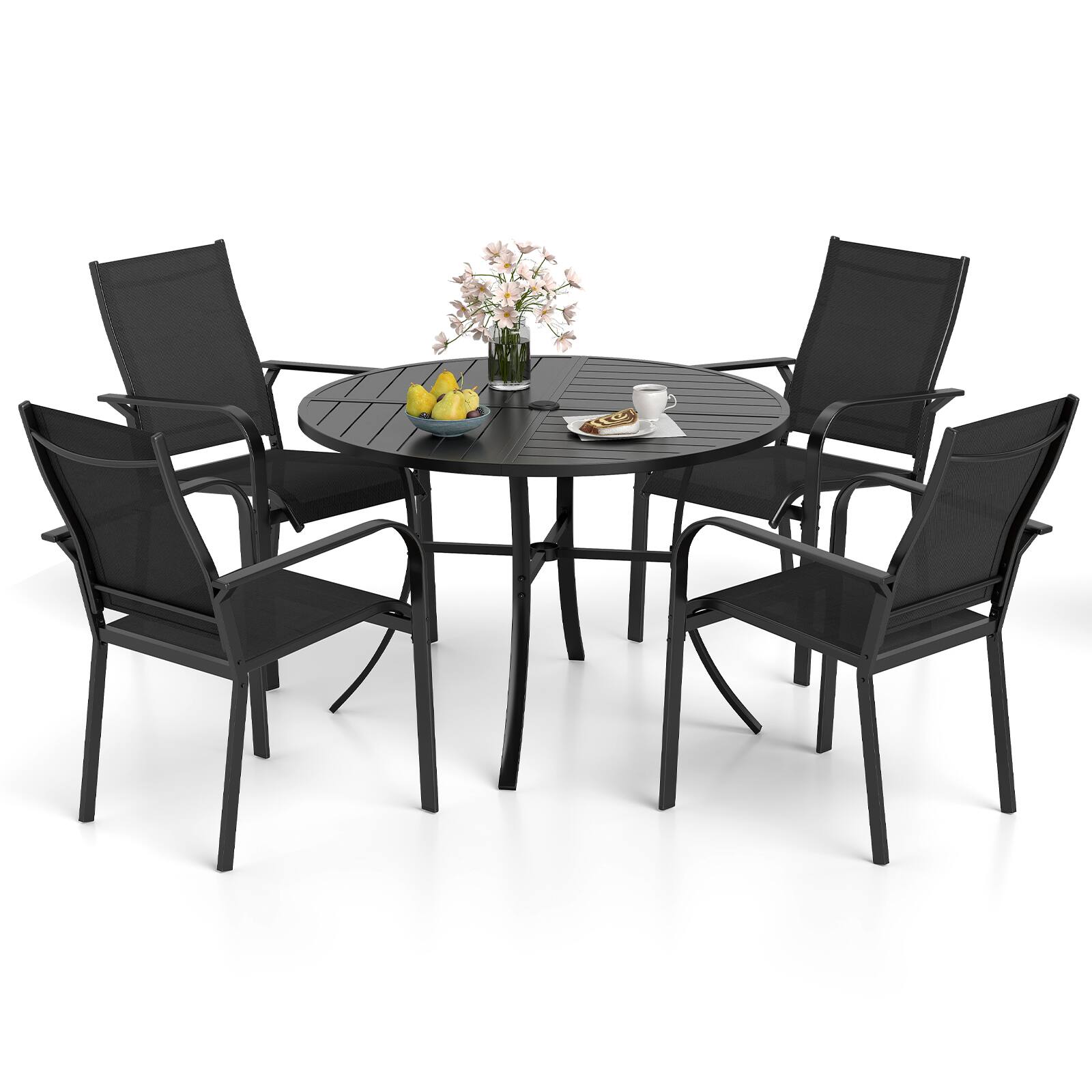 Alt View 1. Gymax - Gymax 5-Piece Patio Dining Set for 4Round Metal Table w/ Umbrella Hole & 4 Stackable Black - Black.