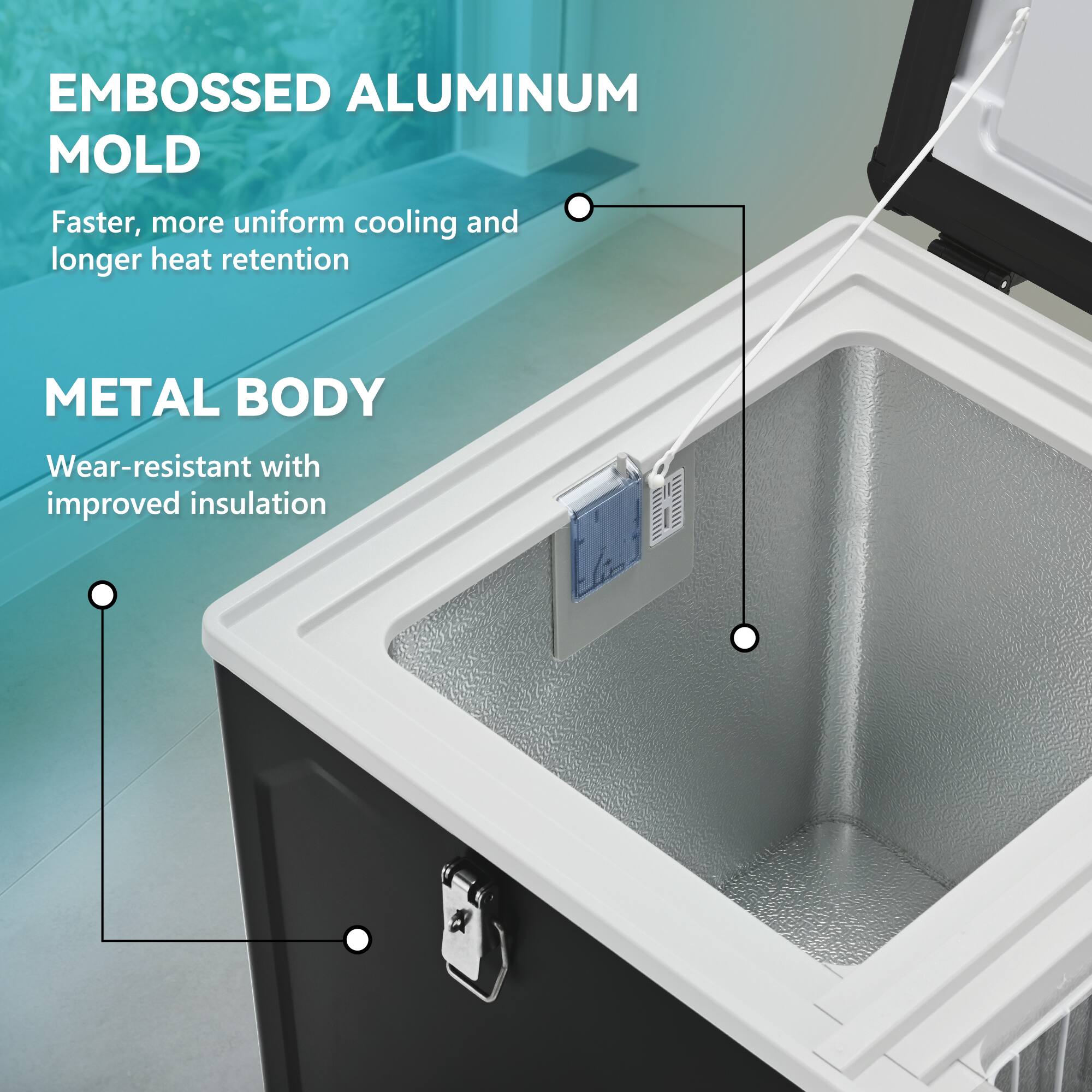 EMBOSSED ALUMINUM MOLD  
Faster, more uniform cooling and longer heat retention  

METAL BODY  
Wear-resistant with improved insulation