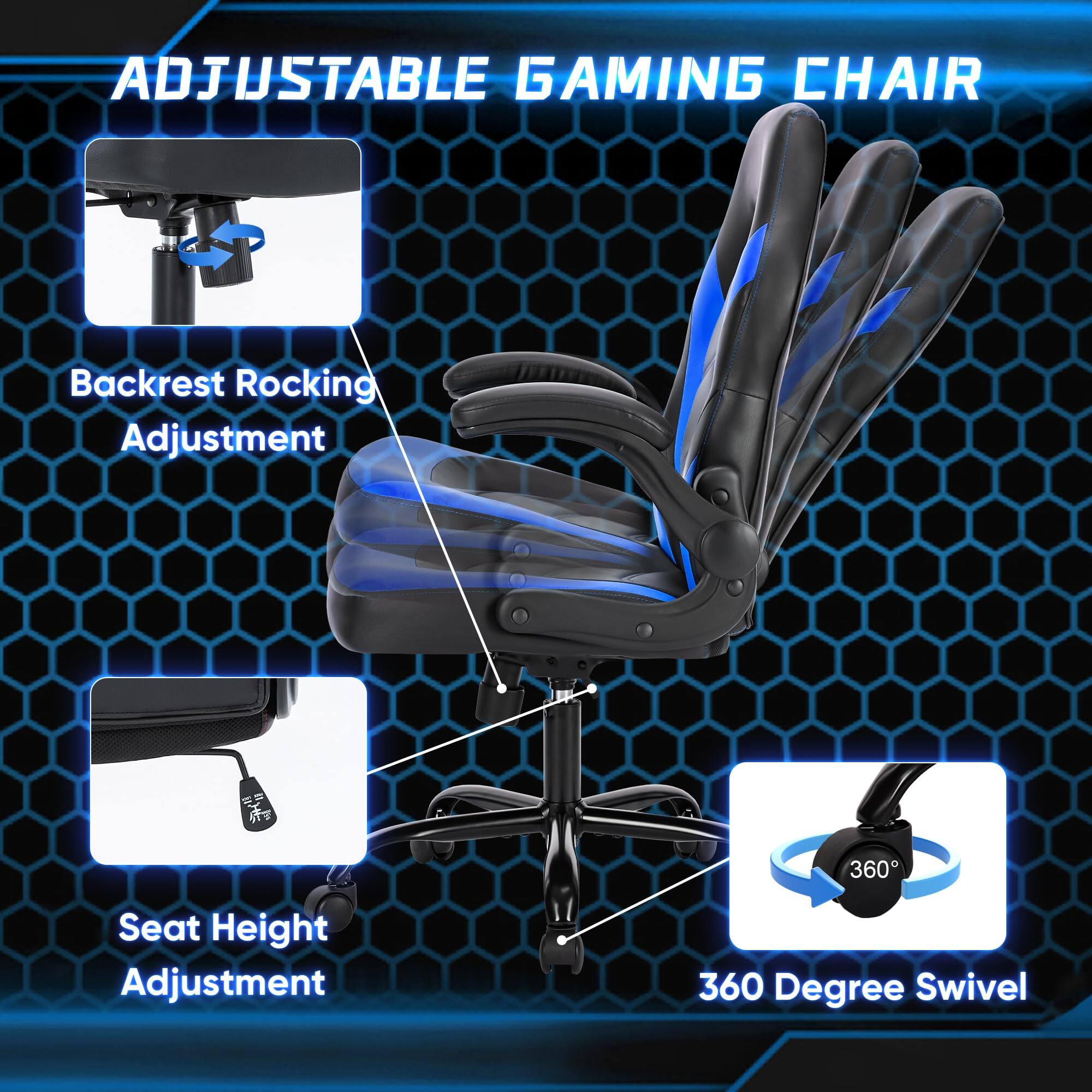 ADJUSTABLE GAMING CHAIR

- Backrest Rocking Adjustment
- Seat Height Adjustment
- 360 Degree Swivel