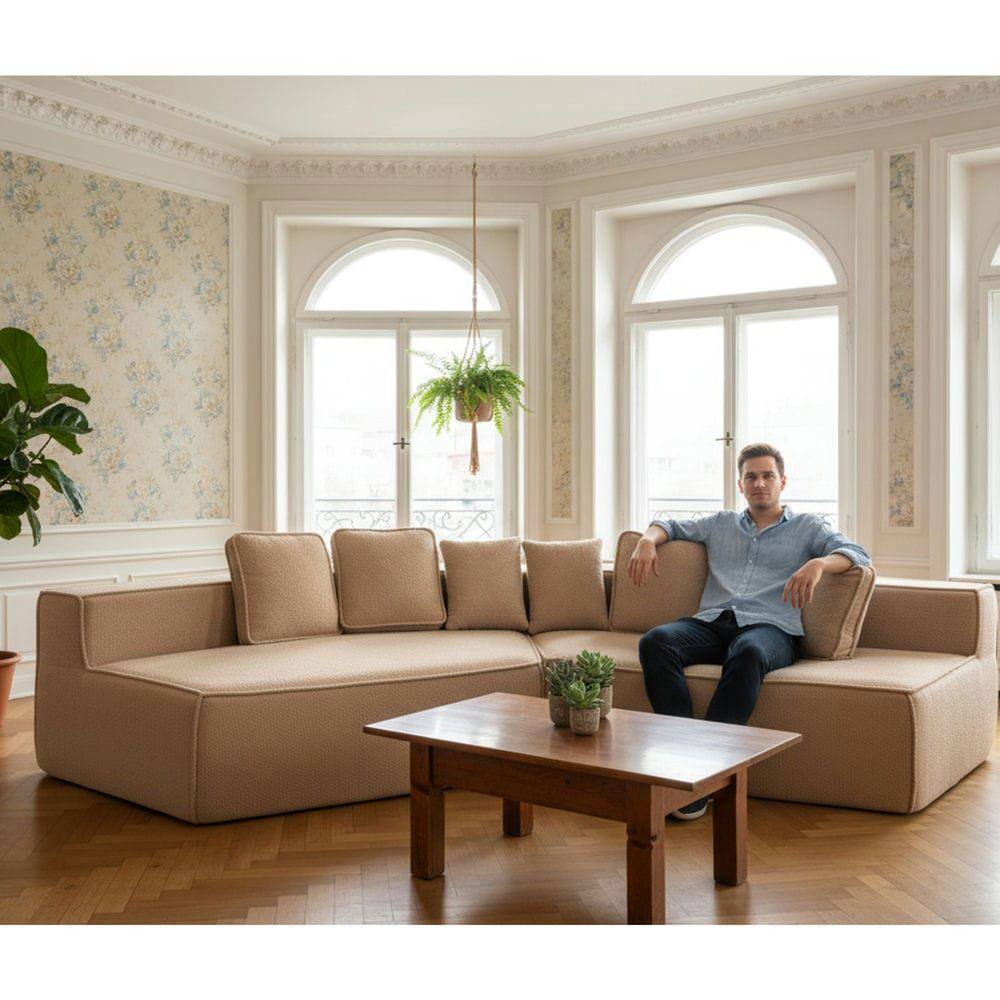 Alt View 1. Kadyn - 132" Oversized Teddy Modular Sofa - Full-Foam Couch with 6 Pillows, High-Density Support for Family Living Rooms - Brown.