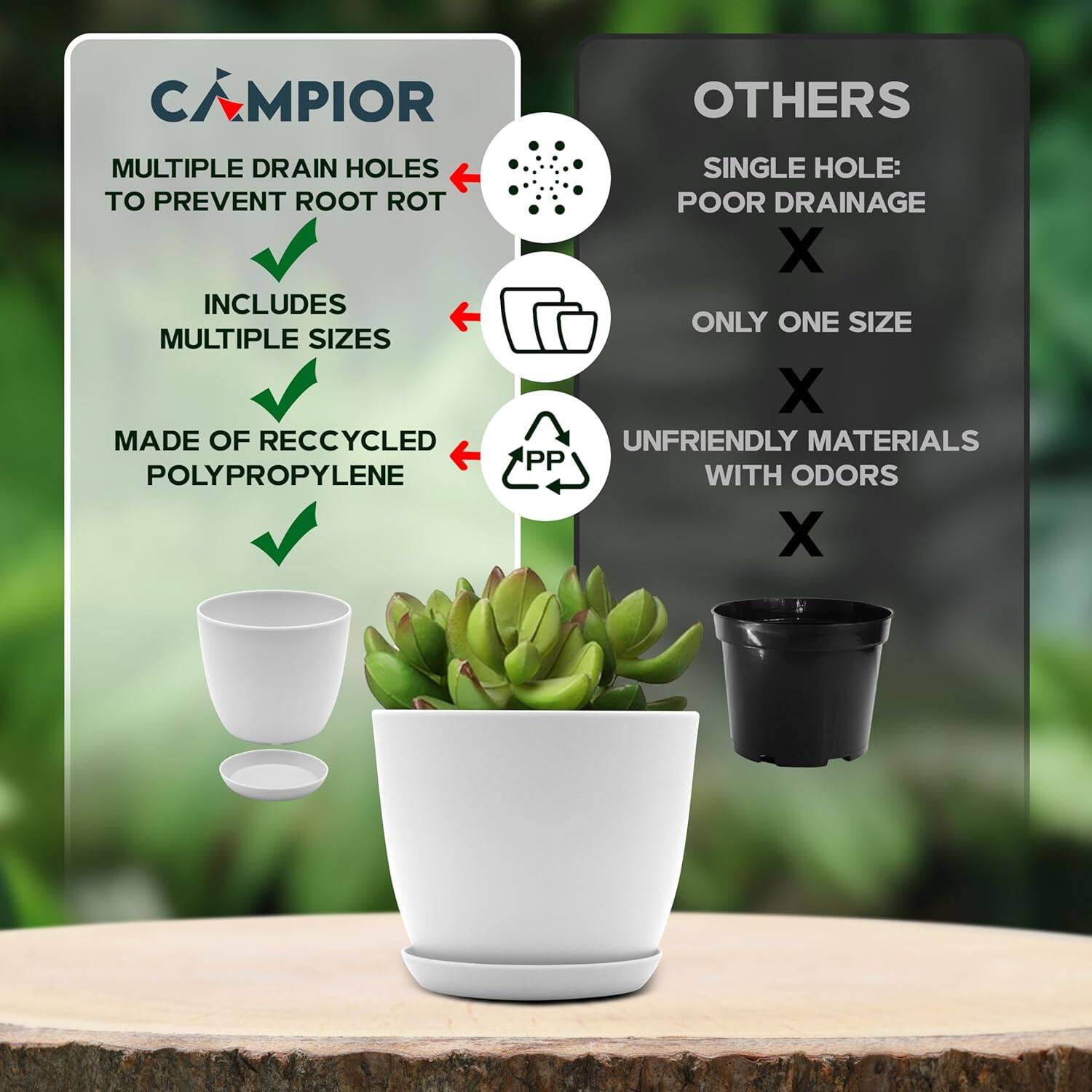 CAMPIOR:
- Multiple drain holes to prevent root rot
- Includes multiple sizes
- Made of recycled polypropylene

OTHERS:
- Single hole: Poor drainage
- Only one size
- Unfriendly materials with odors