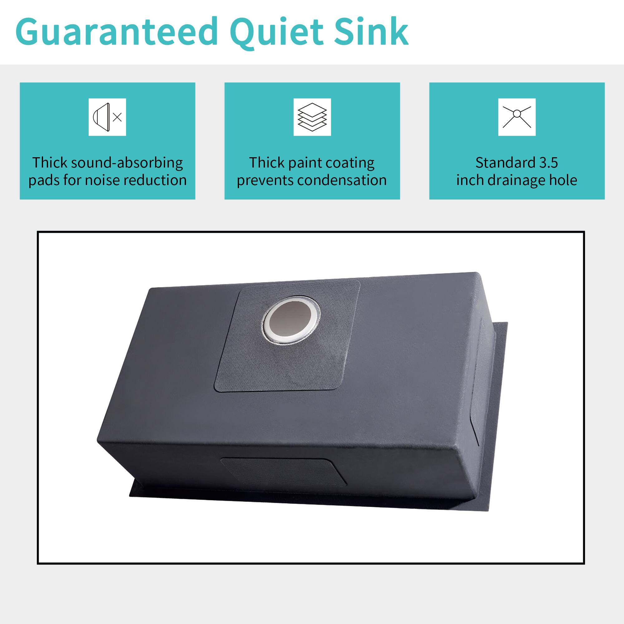 Guaranteed Quiet Sink

- Thick sound-absorbing pads for noise reduction
- Thick paint coating prevents condensation
- Standard 3.5 inch drainage hole